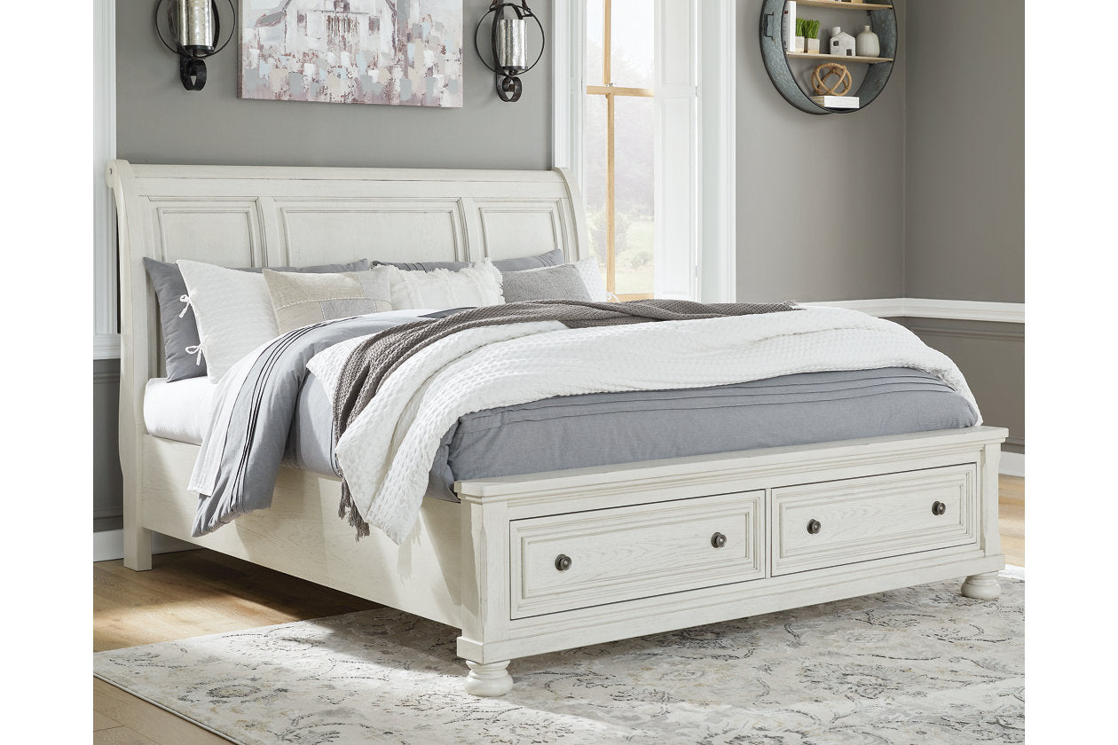 Robbinsdale Antique White California King Sleigh Bed with Storage - Ashley - Luna Furniture