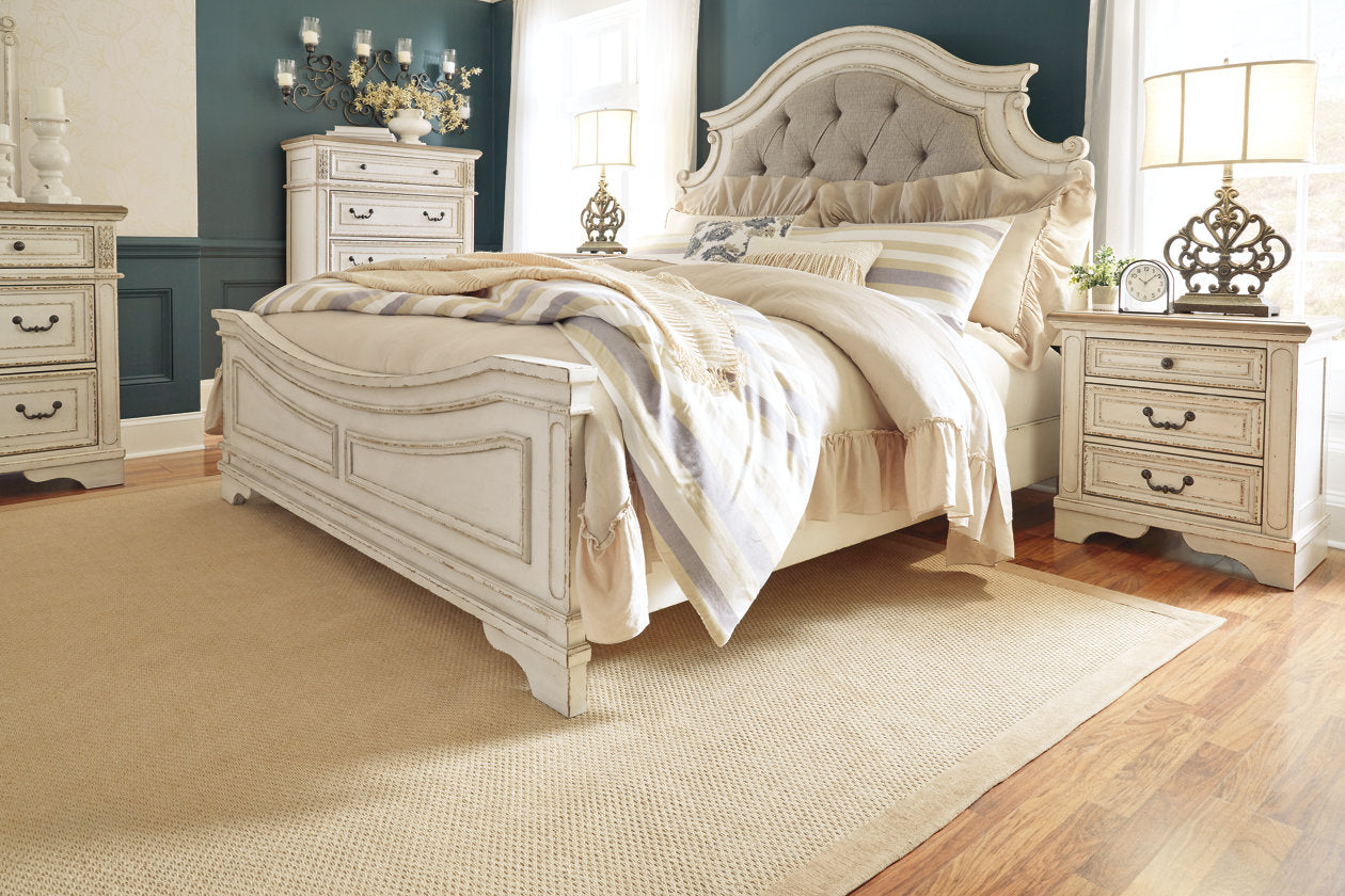 Realyn Chipped White California King Upholstered Panel Bed - Ashley - Luna Furniture