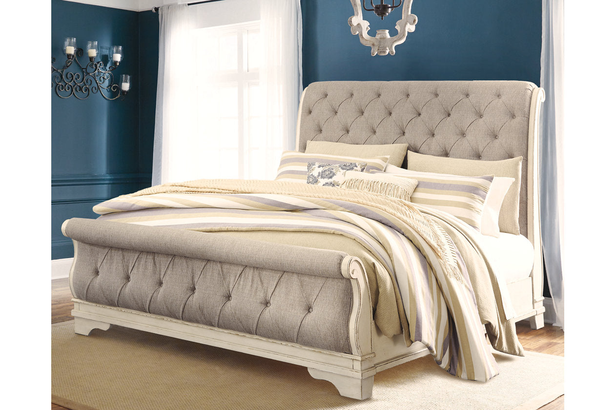 Realyn Chipped White California King Sleigh Bed - Ashley - Luna Furniture