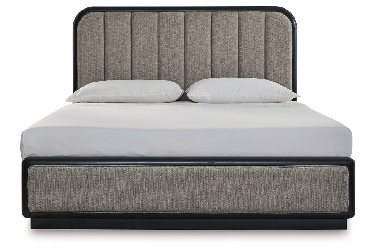 Rowanbeck Gray/Black California King Upholstered Panel Bed - Ashley - Luna Furniture