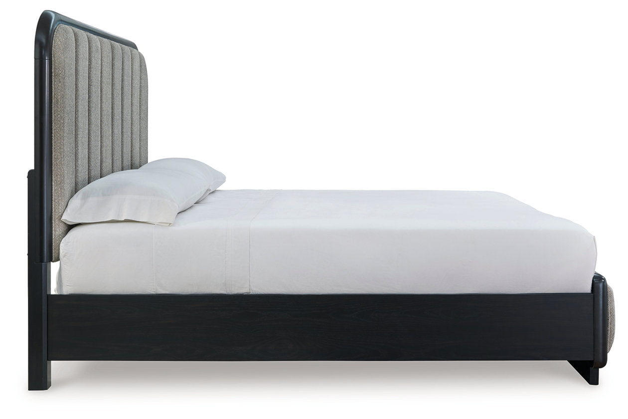 Rowanbeck Gray/Black Upholstered Panel Bedroom Set from Ashley - Luna Furniture