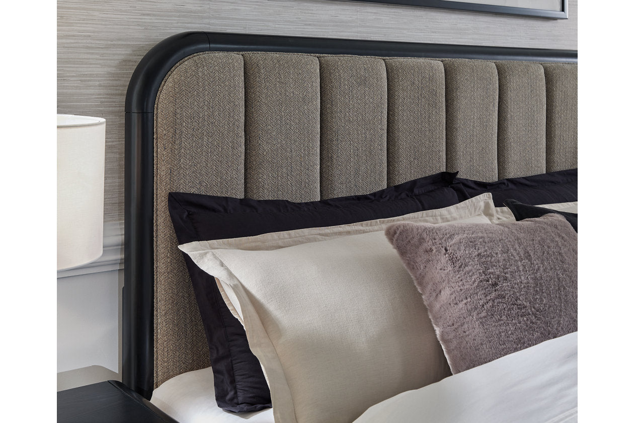Rowanbeck Gray/Black King Upholstered Panel Bed - Ashley - Luna Furniture