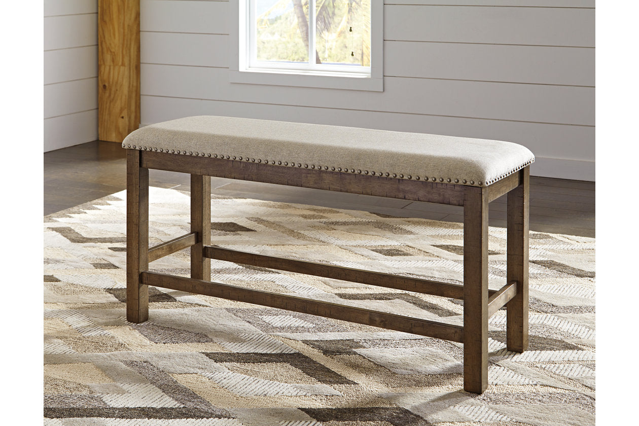 Moriville Grayish Brown Counter Height Dining Table with 4 Barstools, Bench, and Server from Ashley - Luna Furniture