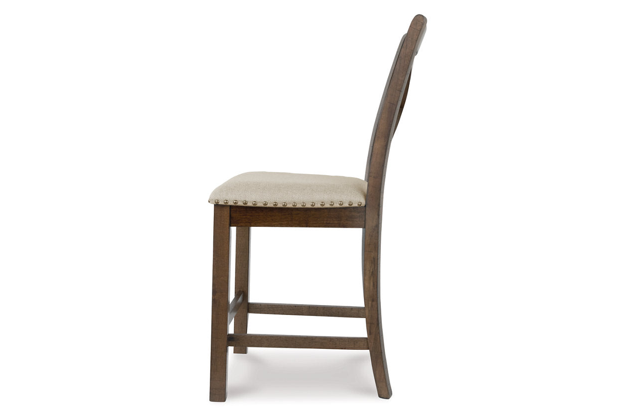 Moriville Grayish Brown Counter Height Dining Table with 4 Barstools, Bench, and Server from Ashley - Luna Furniture