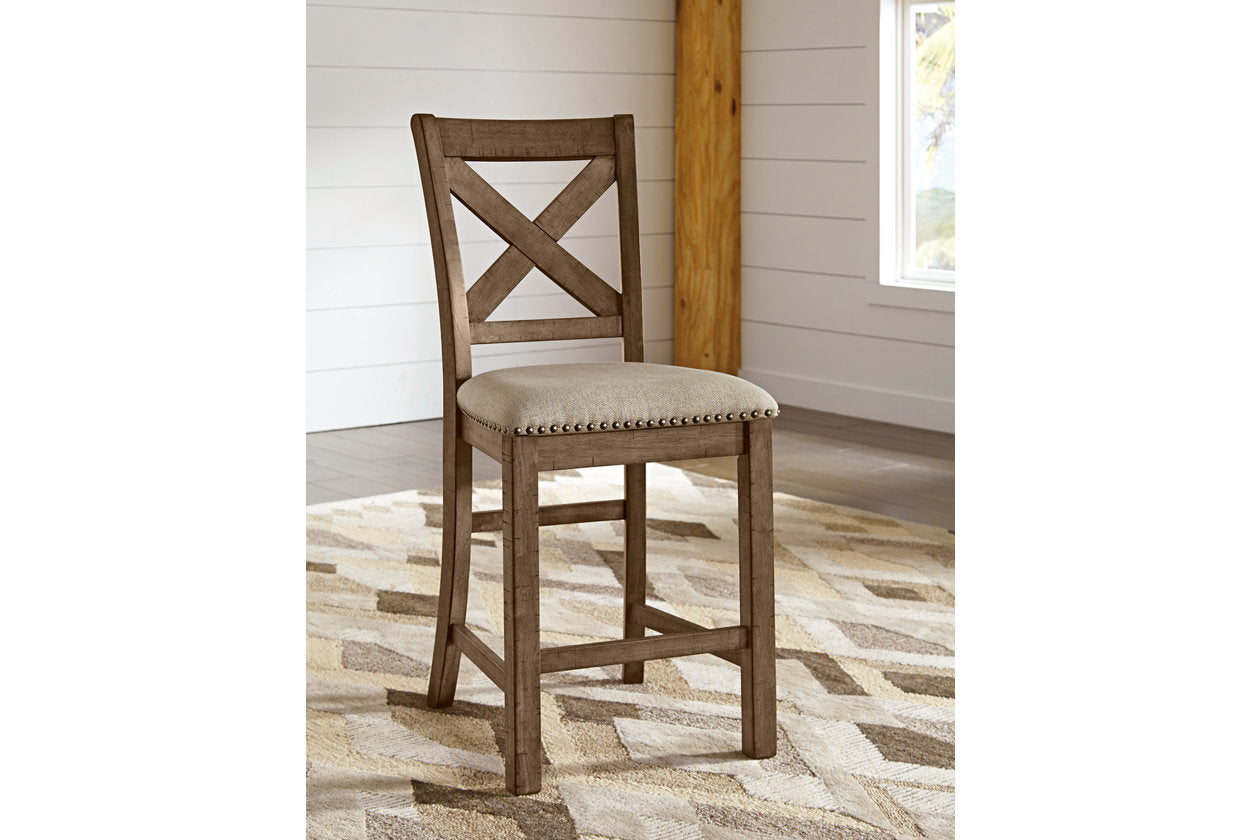 Moriville Grayish Brown Counter Height Dining Table with 4 Barstools, Bench, and Server from Ashley - Luna Furniture