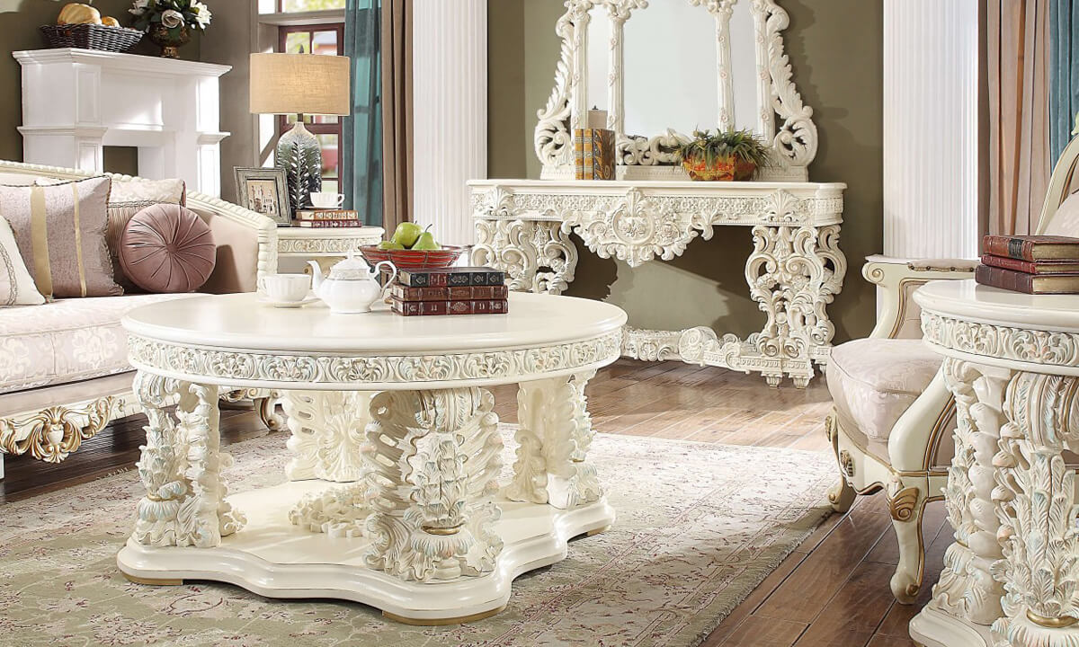 HD-8089 White Gloss/Pastel Highlights 5-Piece Set (3-Piece Coffee Table Set + Console + Mirror)