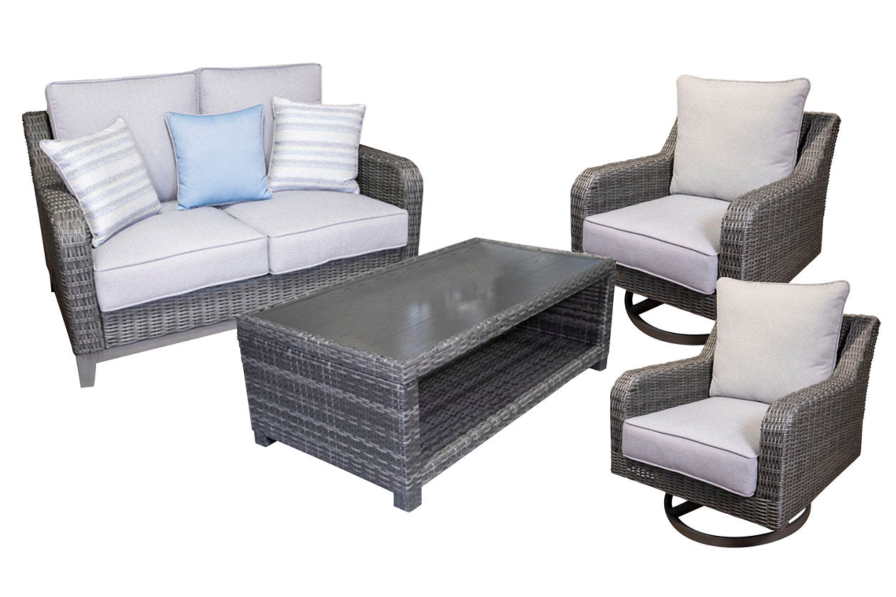 Elite Park Gray Outdoor Loveseat, 2 Lounge Chairs and Coffee Table - Ashley - Luna Furniture
