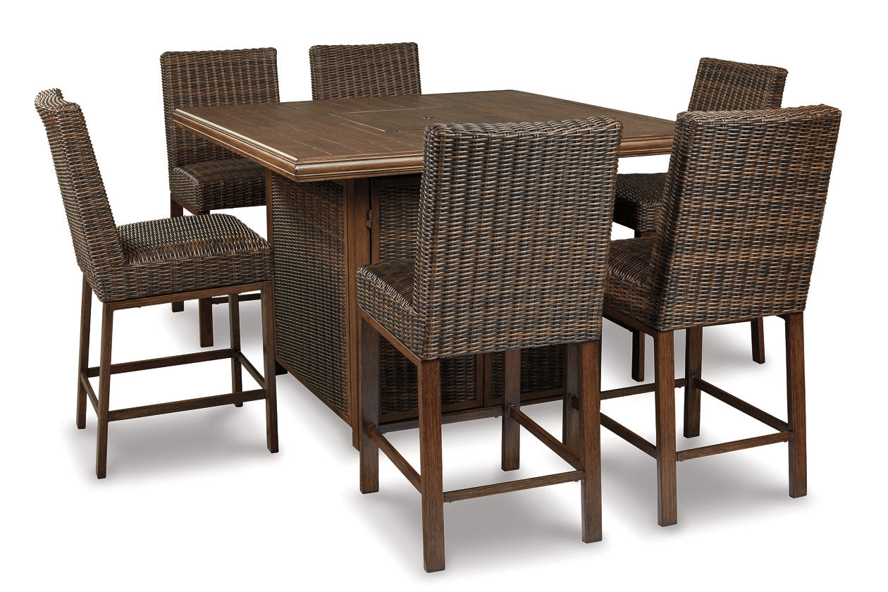 Paradise Trail Medium Brown Outdoor Bar Fire Pit Table with 6 Barstools - Ashley - Luna Furniture