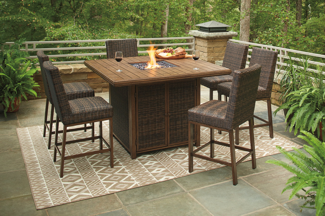 Paradise Trail Medium Brown Outdoor Bar Fire Pit Table with 6 Barstools - Ashley - Luna Furniture