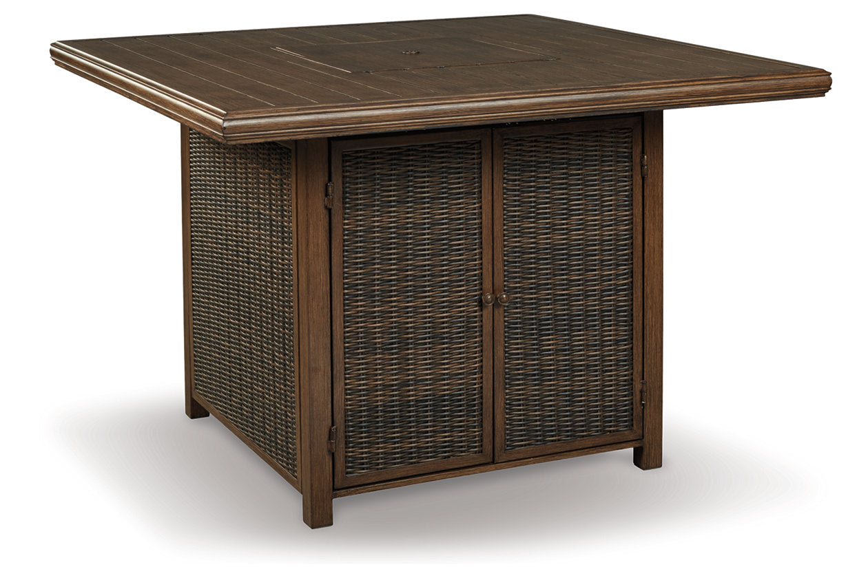 Paradise Trail Medium Brown Outdoor Bar Fire Pit Table with 6 Barstools - Ashley - Luna Furniture