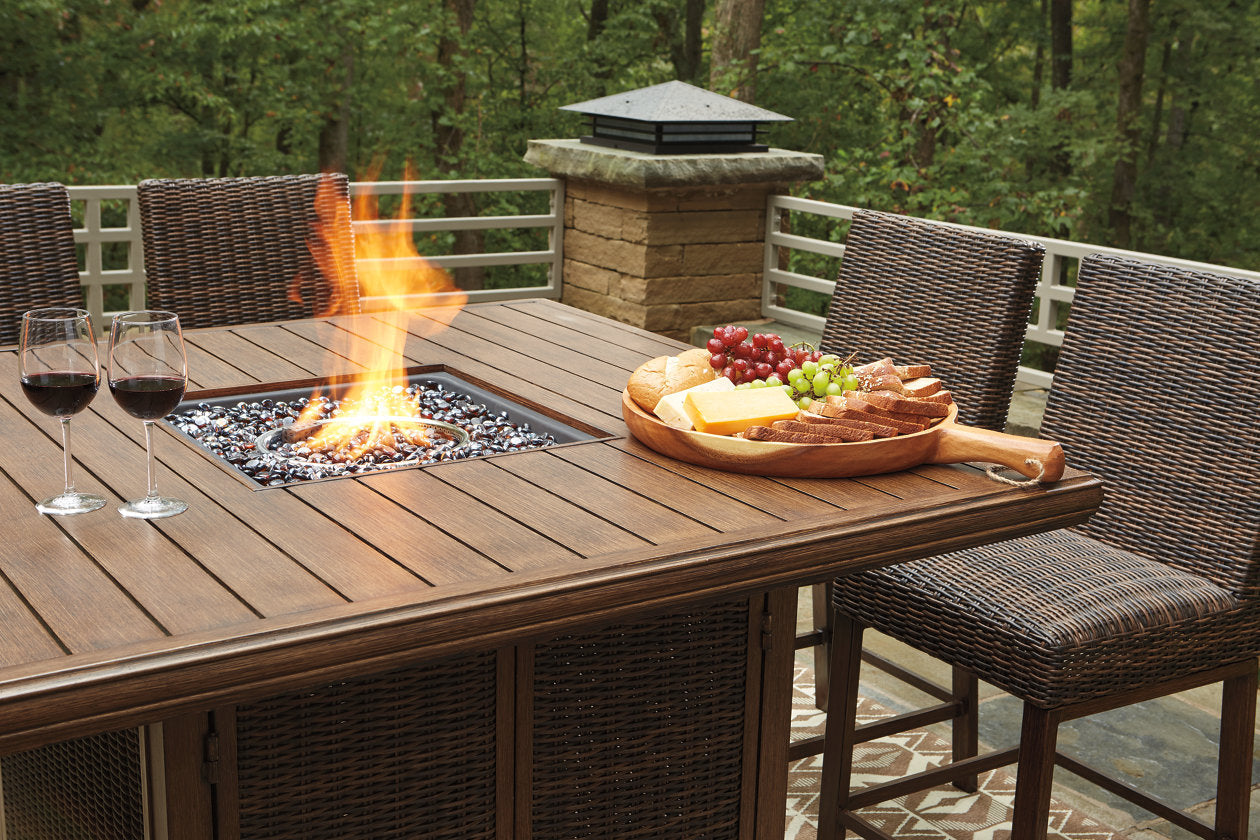 Paradise Trail Medium Brown Outdoor Bar Fire Pit Table with 6 Barstools - Ashley - Luna Furniture