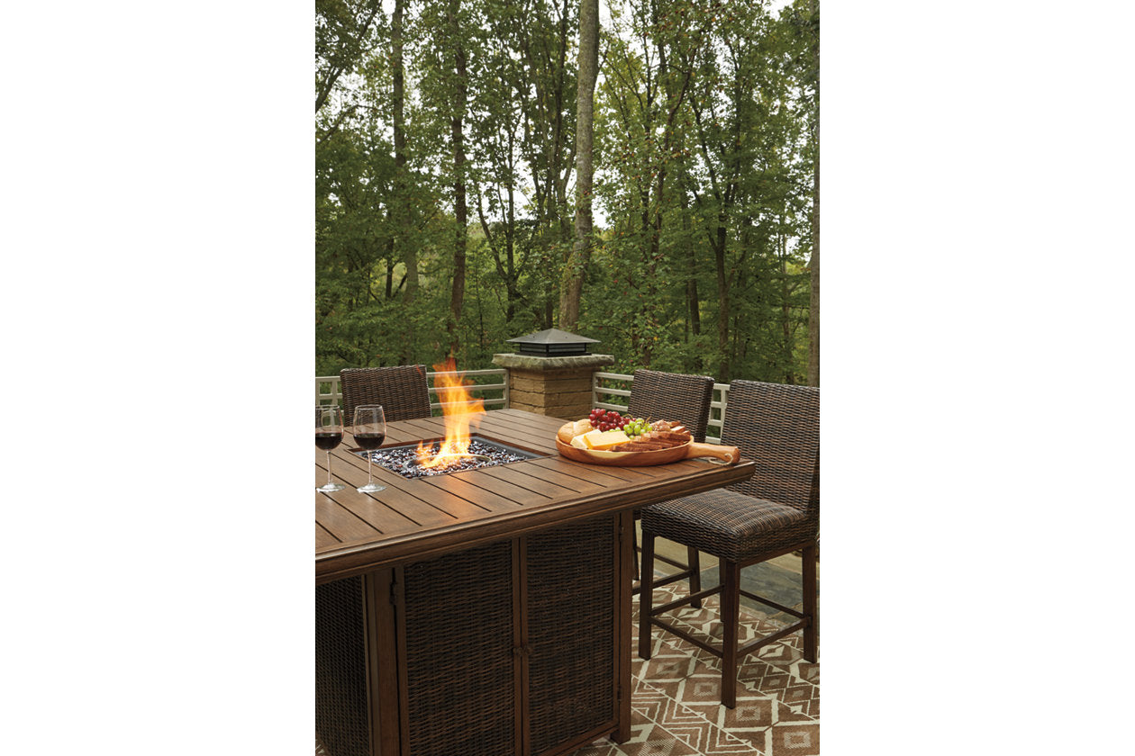 Paradise Trail Medium Brown Outdoor Bar Fire Pit Table with 6 Barstools - Ashley - Luna Furniture