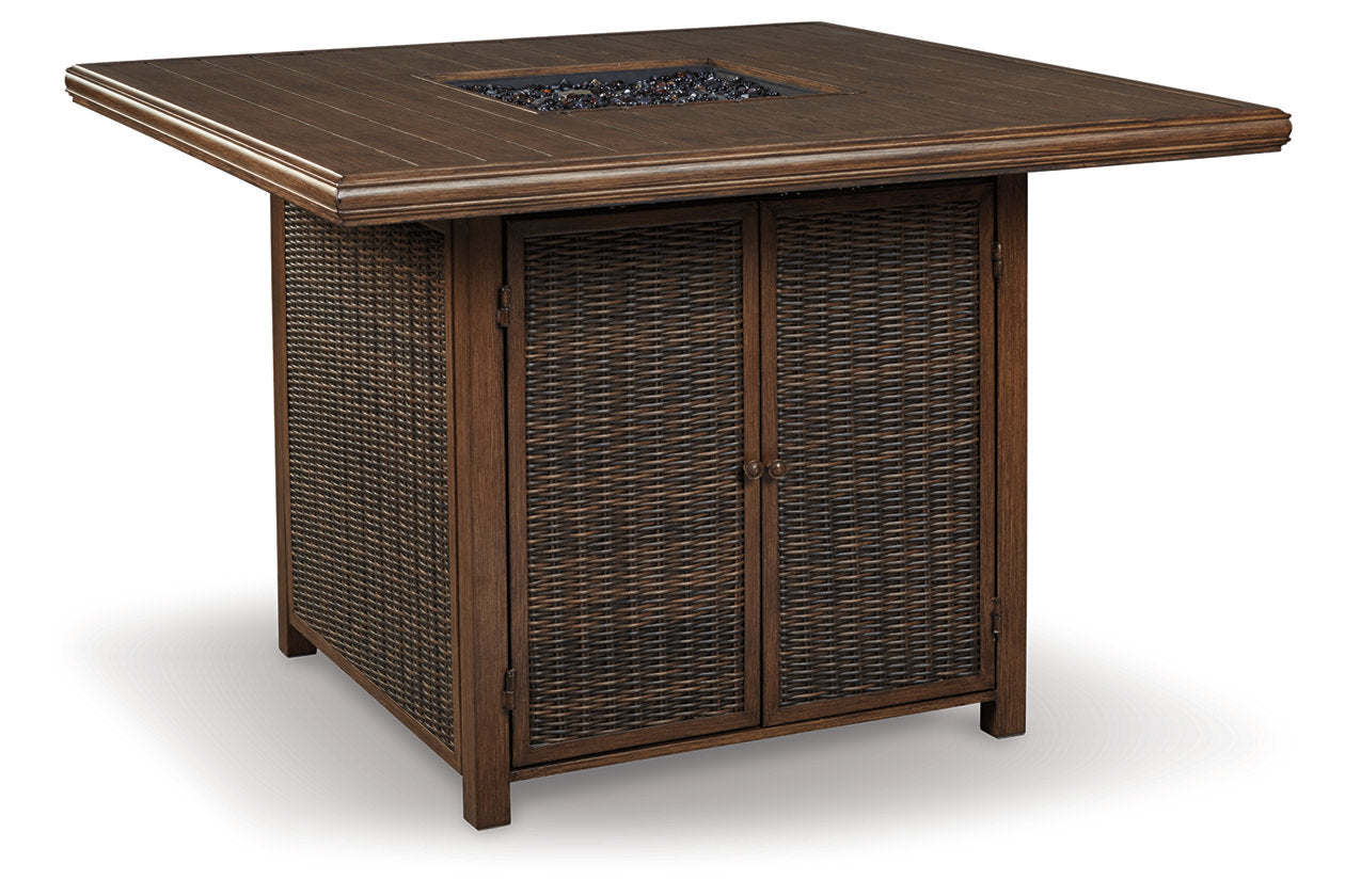 Paradise Trail Medium Brown Outdoor Bar Fire Pit Table with 6 Barstools - Ashley - Luna Furniture