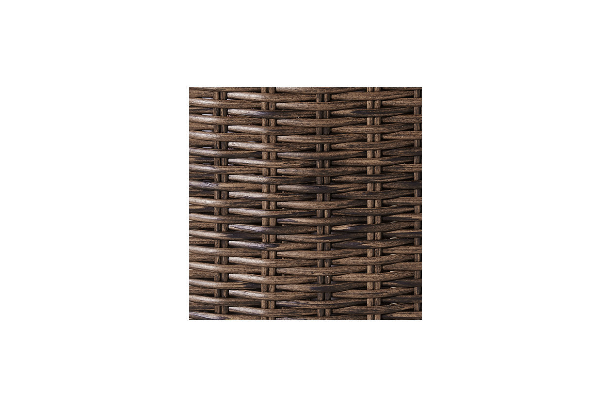 Paradise Trail Medium Brown Outdoor Fire Pit Table with 4 Lounge Chairs - Ashley - Luna Furniture