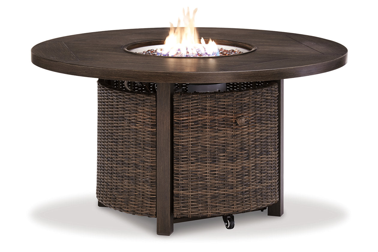 Paradise Trail Medium Brown Outdoor Fire Pit Table with 4 Lounge Chairs - Ashley - Luna Furniture