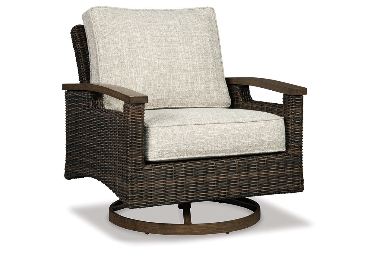 Paradise Trail Medium Brown Outdoor Fire Pit Table with 4 Lounge Chairs - Ashley - Luna Furniture