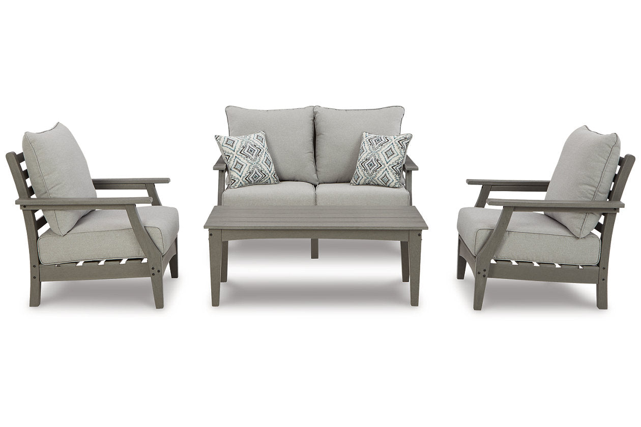 Visola Gray Outdoor Loveseat, 2 Lounge Chairs and Coffee Table - Ashley - Luna Furniture