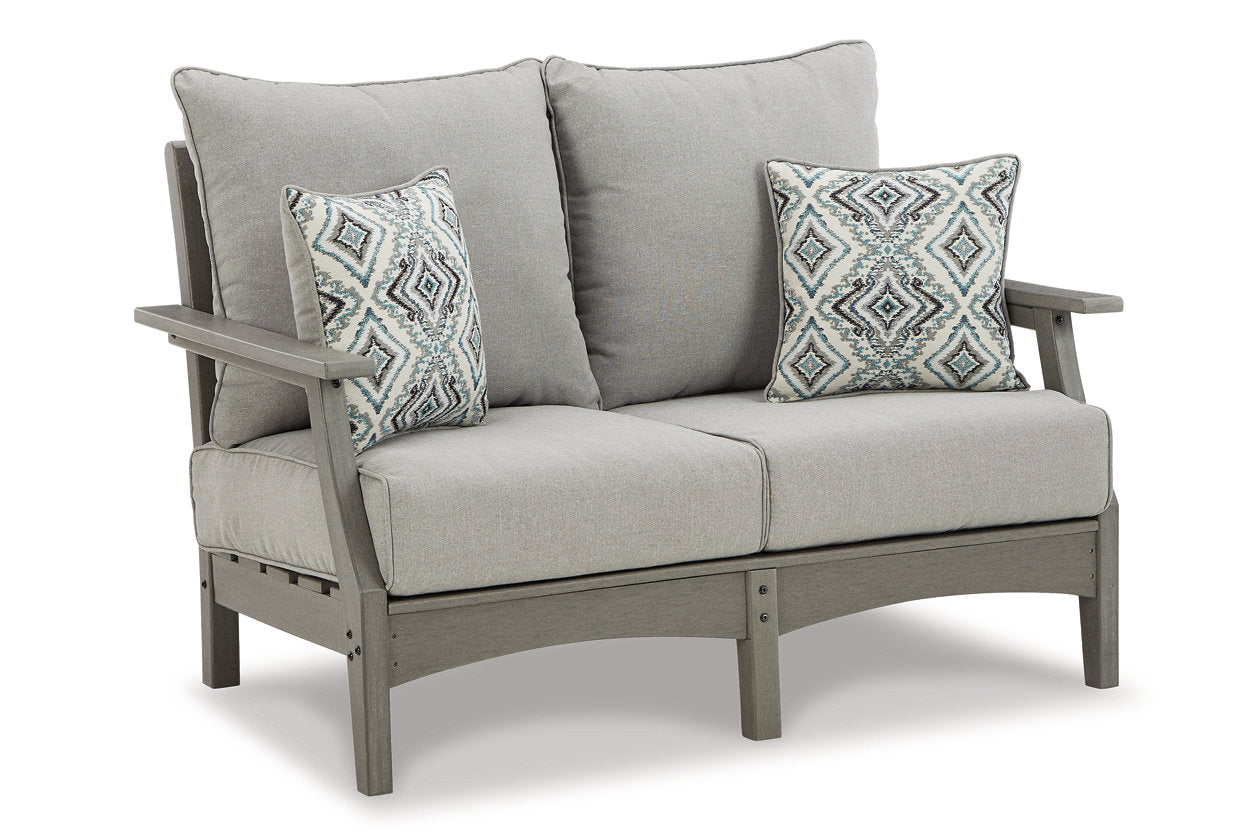 Visola Gray Outdoor Loveseat, 2 Lounge Chairs and Coffee Table - Ashley - Luna Furniture