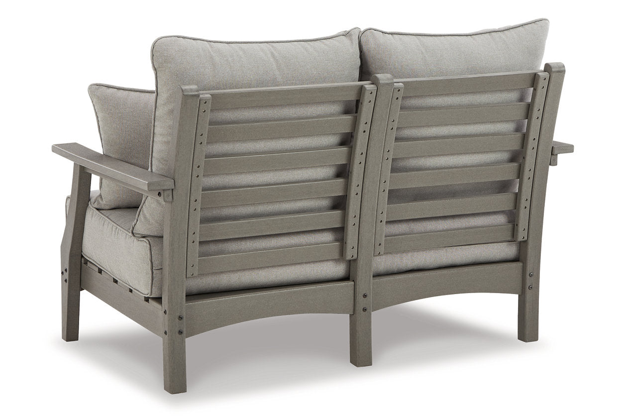 Visola Gray Outdoor Loveseat, 2 Lounge Chairs and Coffee Table - Ashley - Luna Furniture