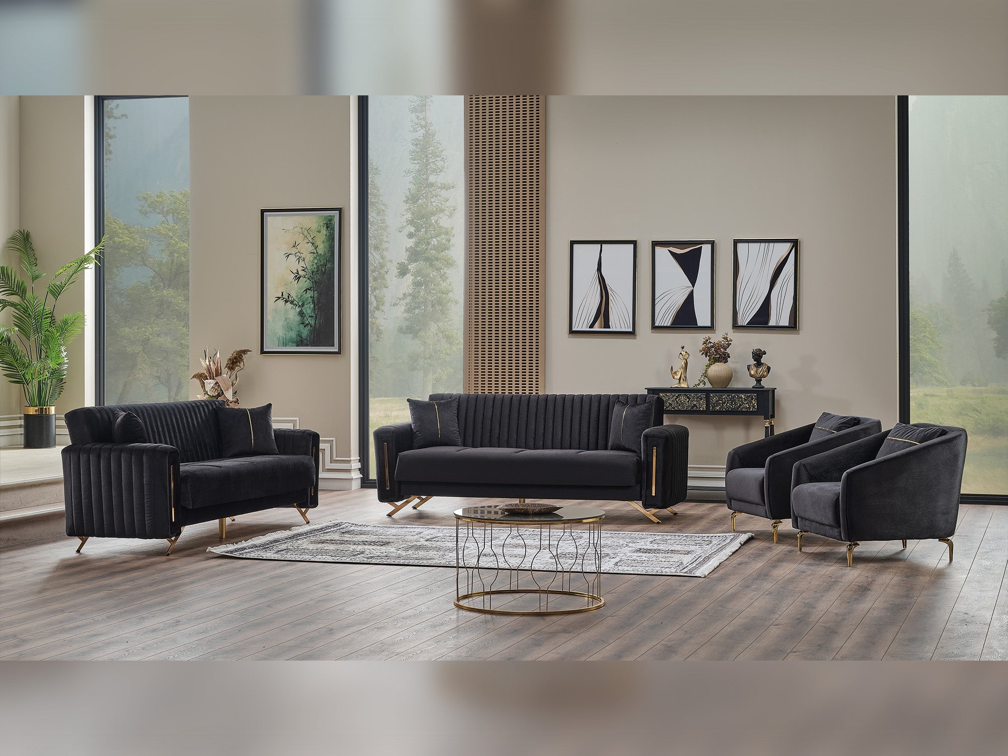 Senfoni 3-pieces (Sofa & Loveseat & Chair) Livingroom Set in Black