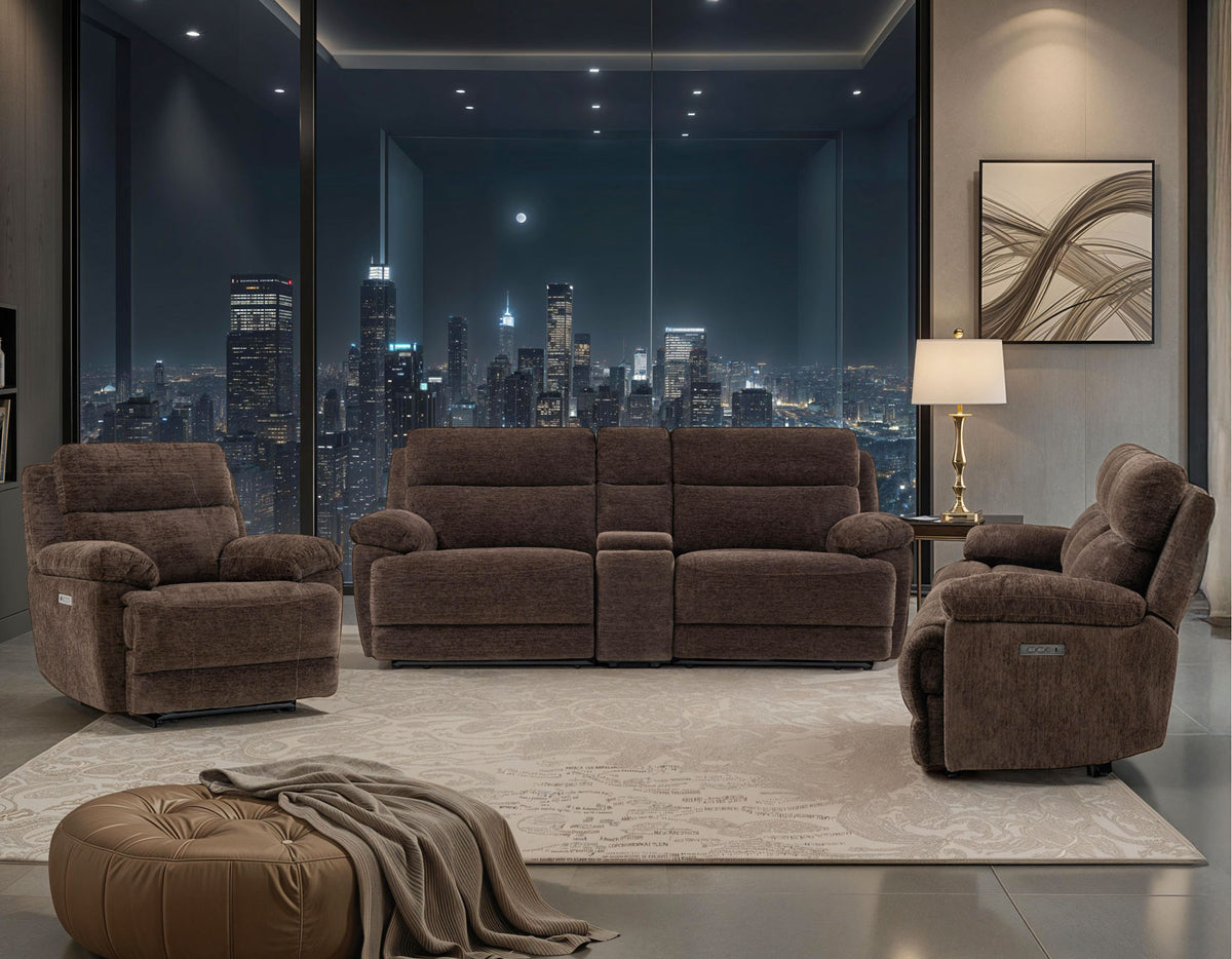 Gatlin 3-Piece Dual-Power Reclining Set, Brown Fabric – Sofa, Loveseat, Recliner