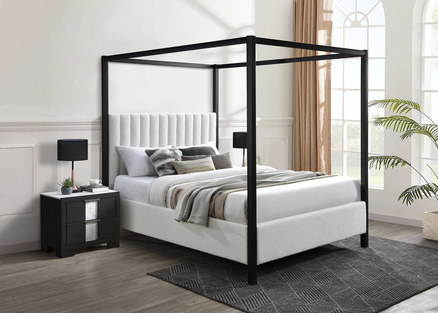 Adalyn Black/White Boucle Queen Canopy Bed - SET | 5107WH-Q-HB | 5107WH-Q-FB | 5107WH-KQ-RAIL | 5107WH-Q-CANOPY - Bien Home Furniture & Electronics