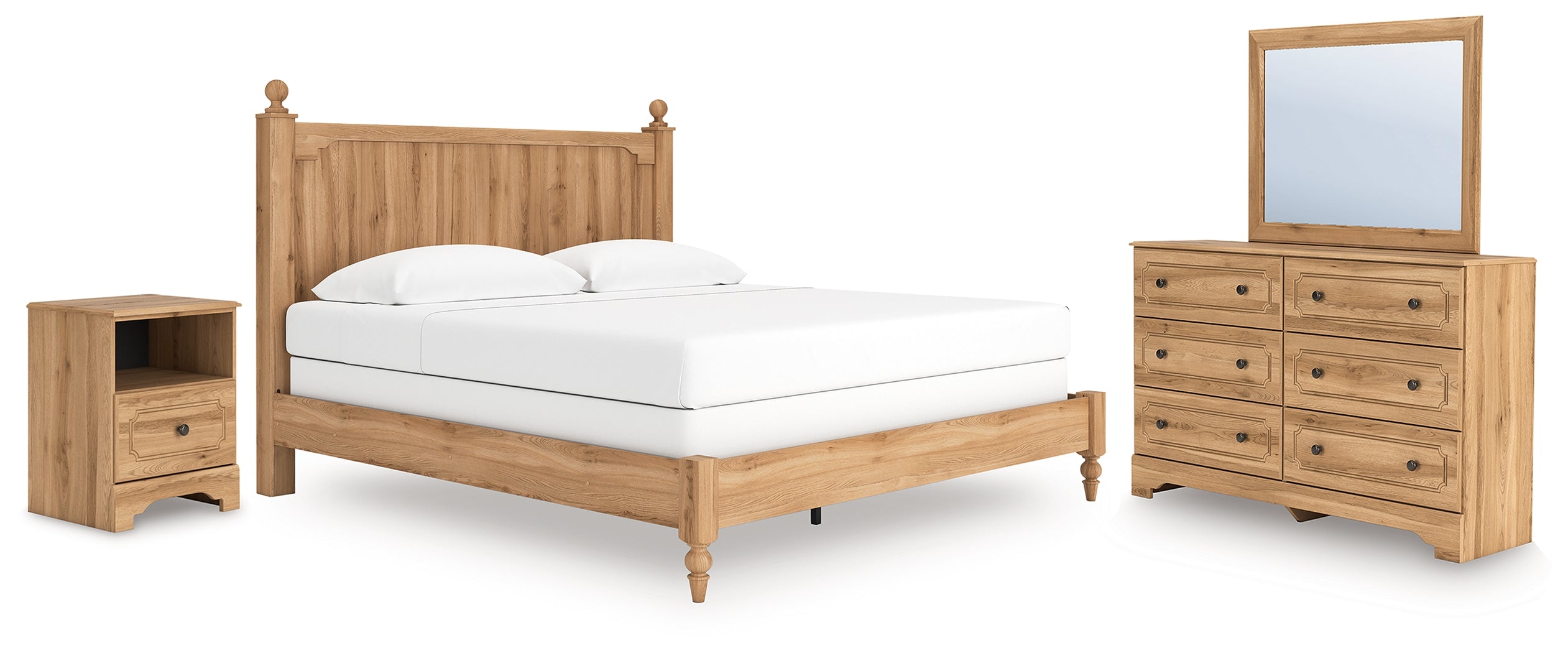 Aleaport King Panel Bed with Mirrored Dresser and Nightstand in Warm Brown from Ashley - Luna Furniture