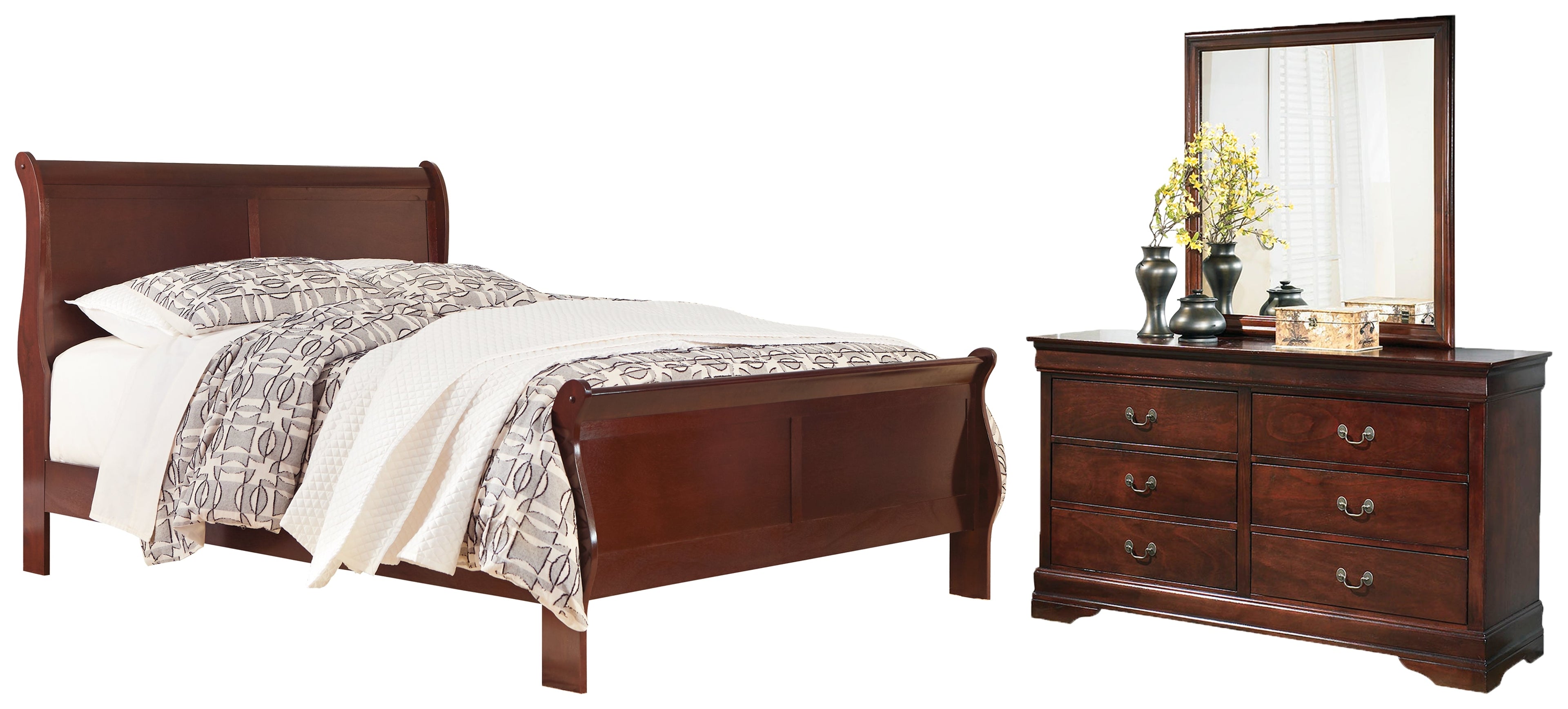 Alisdair Queen Sleigh Bed with Mirrored Dresser in Reddish Brown - PKG000507