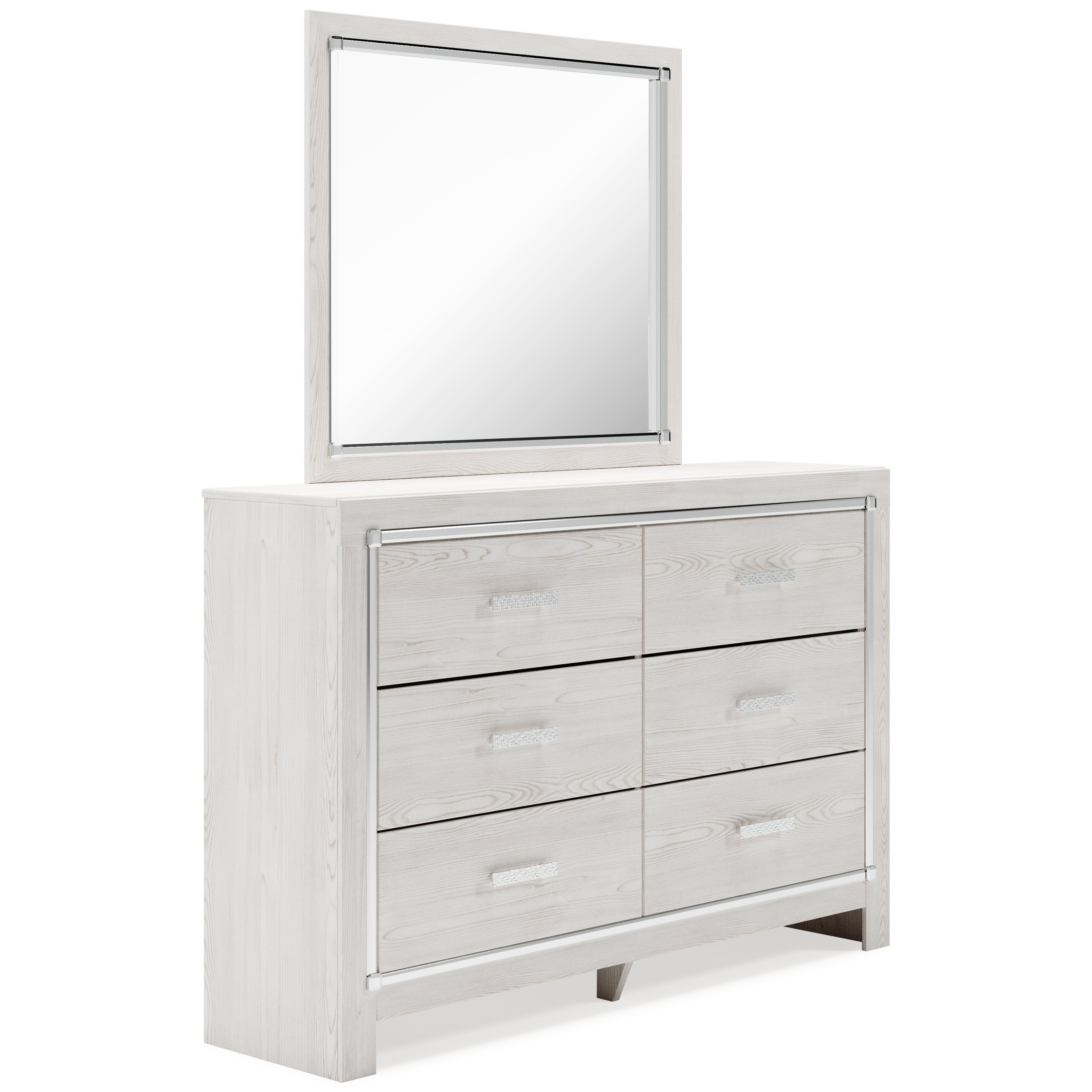 Altyra King Bookcase Headboard Bed with Mirrored Dresser, Chest and 2 Nightstands in White - PKG009489