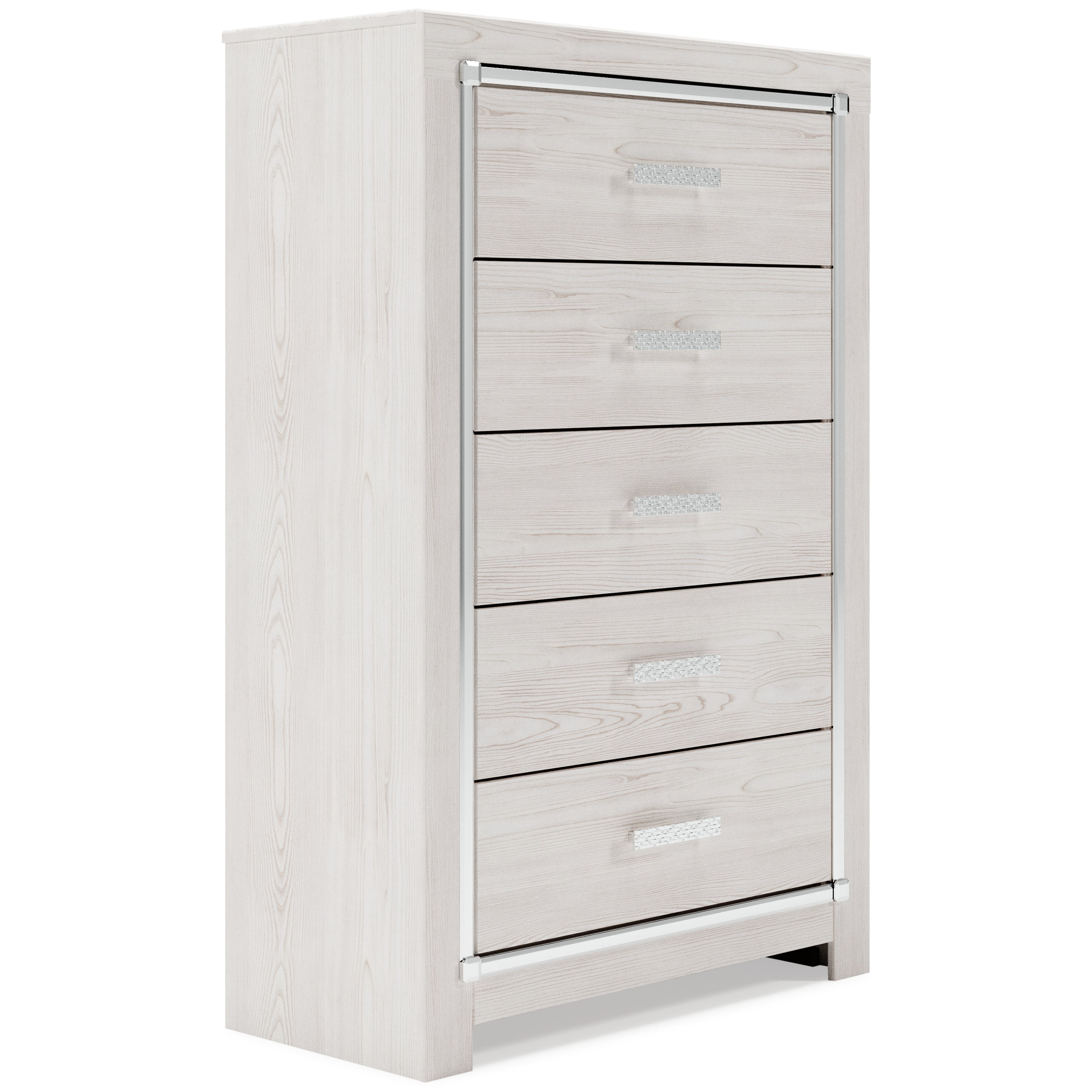Altyra King Bookcase Headboard Bed with Mirrored Dresser, Chest and 2 Nightstands in White - PKG009489