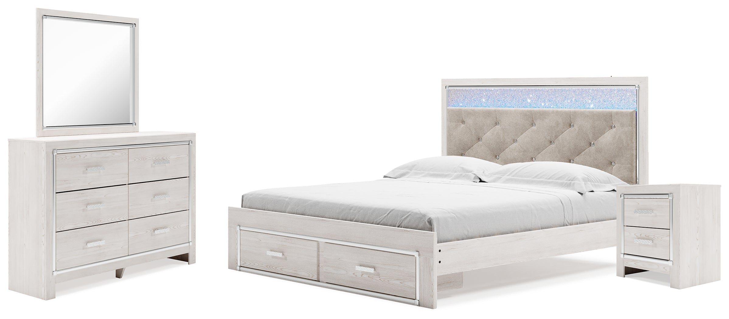 Altyra King Upholstered Storage Bed with Mirrored Dresser and Nightstand in White - PKG014083