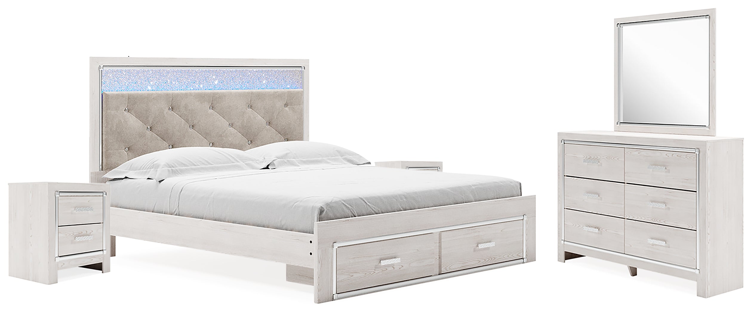Altyra White King Upholstered Storage Bed, Dresser, Mirror and 2 Nightstands - B2640B37