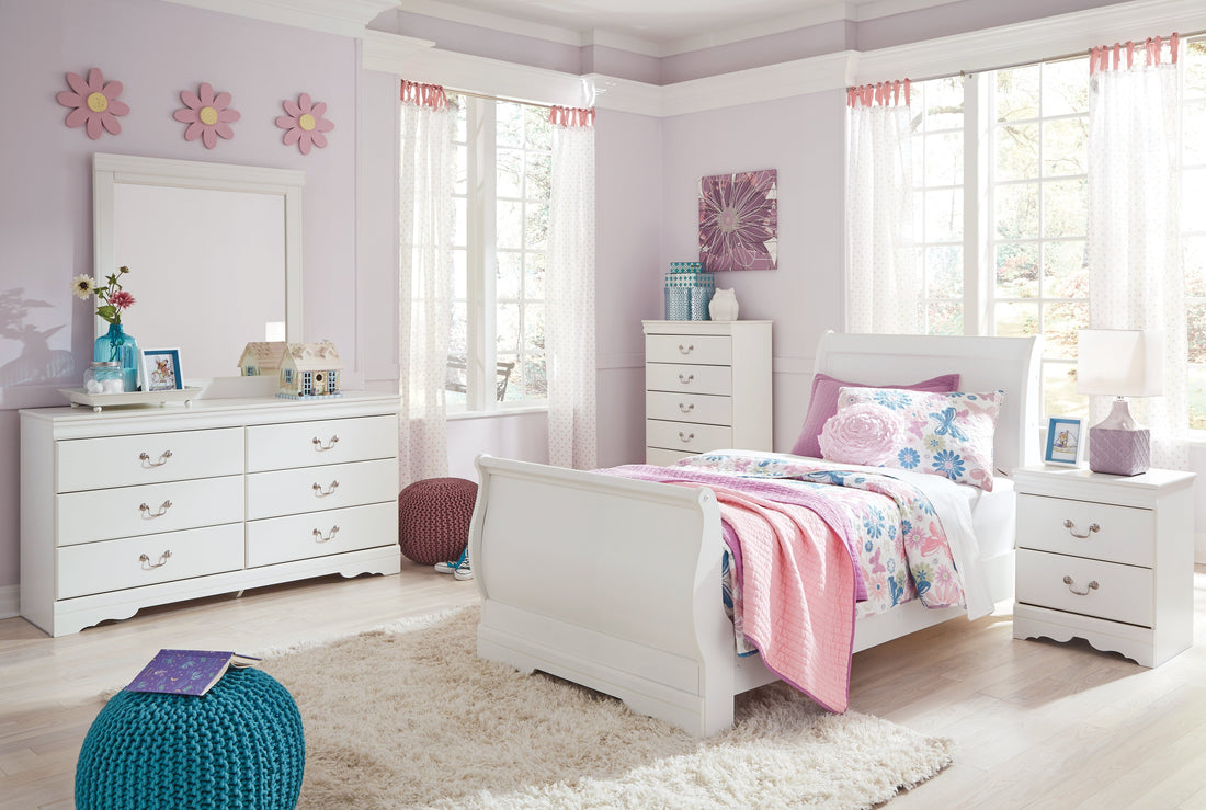 Anarasia Twin Sleigh Bed with Mirrored Dresser, Chest and 2 Nightstands in White from Ashley - Luna Furniture