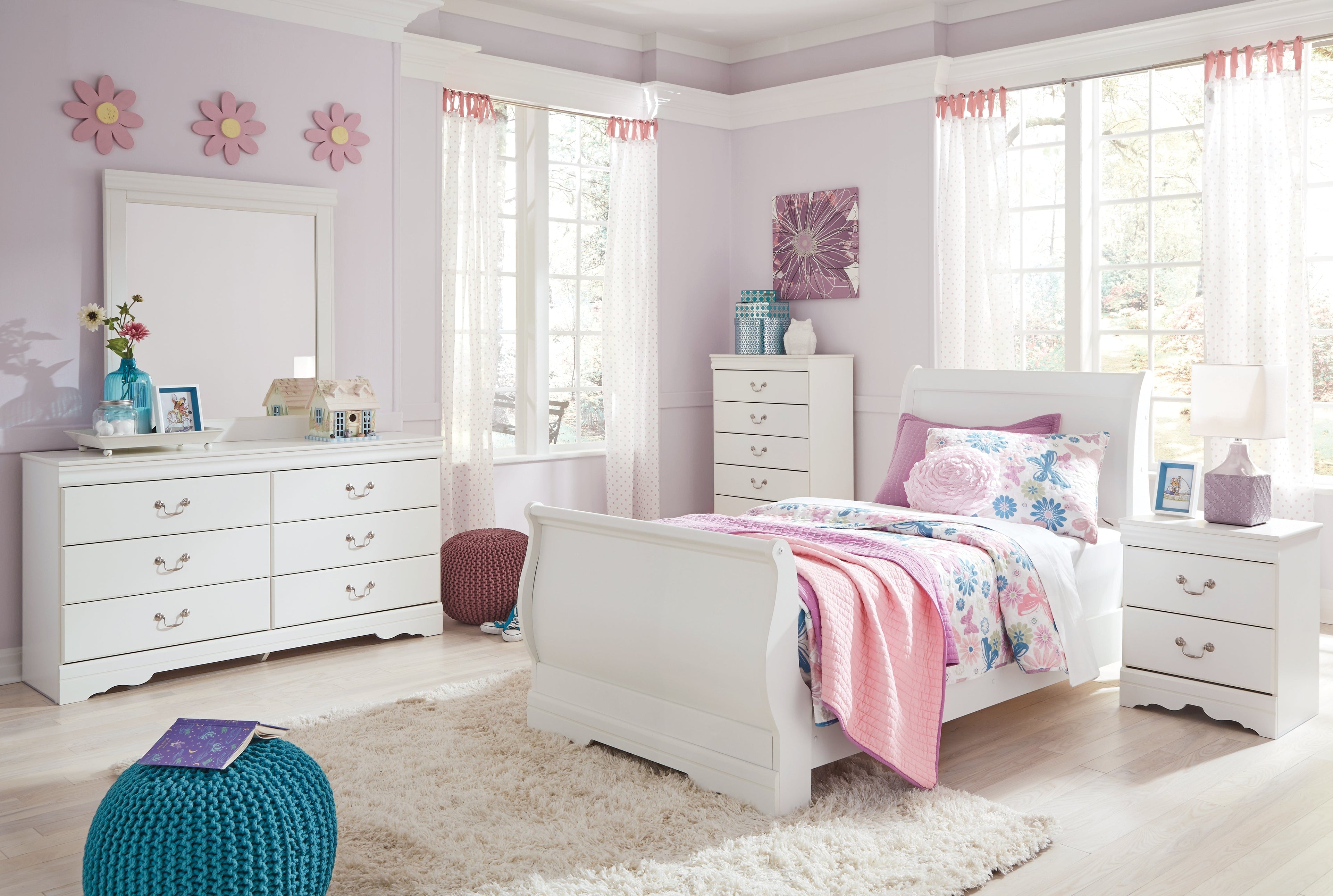 Anarasia Twin Sleigh Bed with Mirrored Dresser, Chest and 2 Nightstands in White from Ashley - Luna Furniture