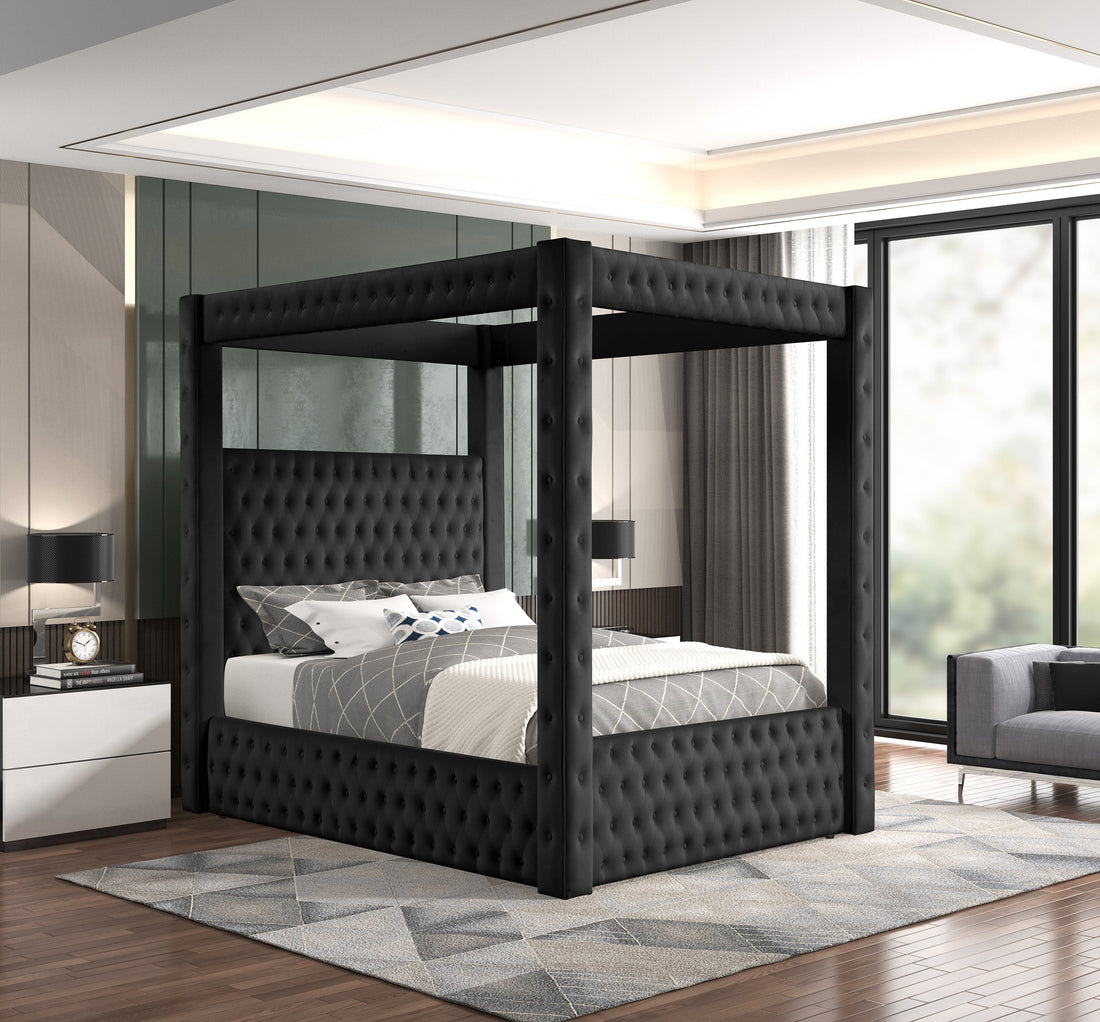Annabelle Black Velvet King Canopy Bed - SET | 5114BK-K-HBFB | 5114BK-KQ-RAIL | 5114BK-KQ-POST - Bien Home Furniture &amp; Electronics
