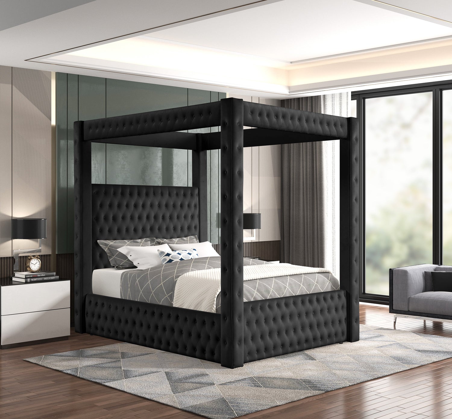 Annabelle Black Velvet Queen Canopy Bed - SET | 5114BK-Q-HBFB | 5114BK-KQ-RAIL | 5114BK-KQ-POST - Bien Home Furniture & Electronics