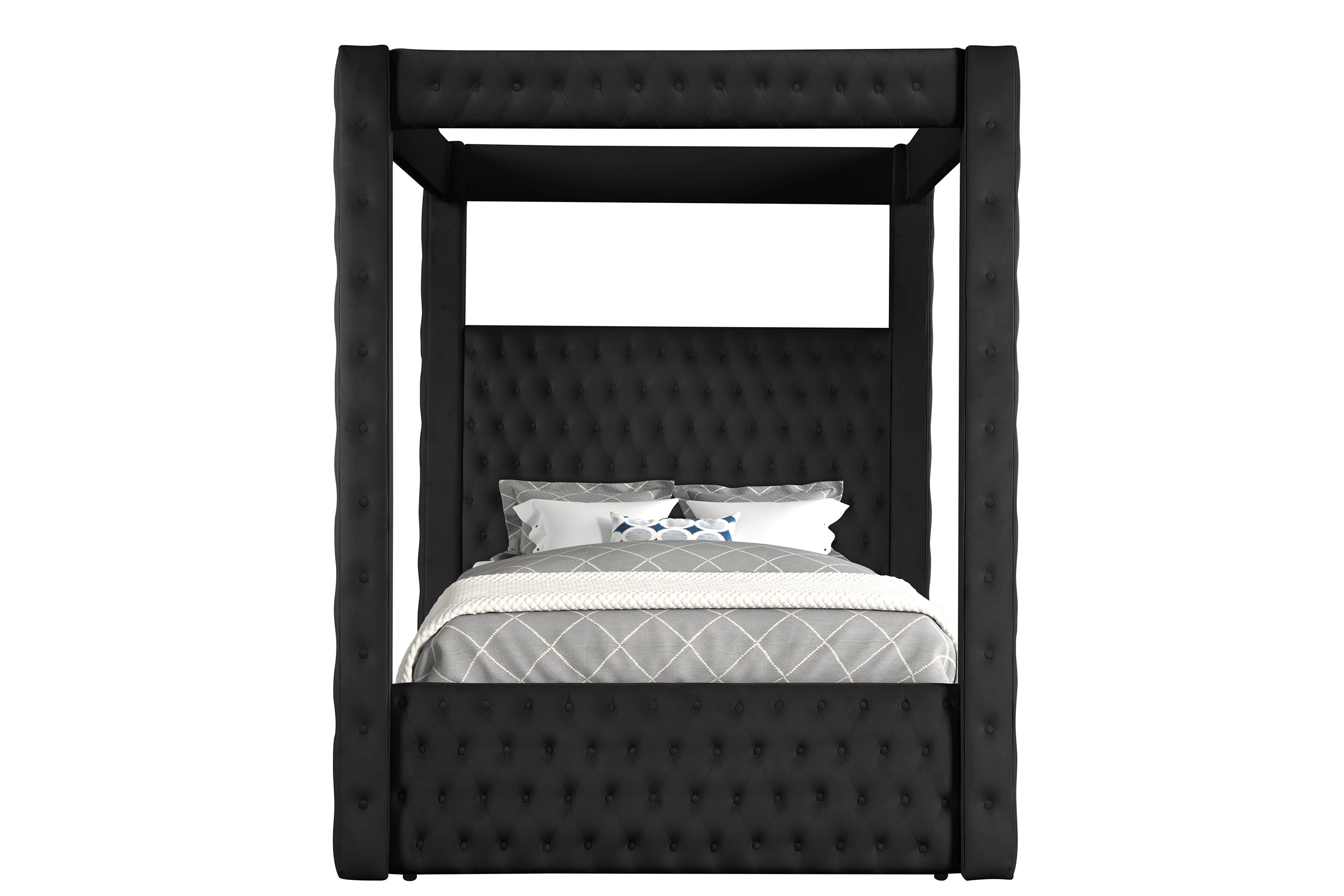 Annabelle Black Velvet Queen Canopy Bed - SET | 5114BK-Q-HBFB | 5114BK-KQ-RAIL | 5114BK-KQ-POST - Bien Home Furniture &amp; Electronics