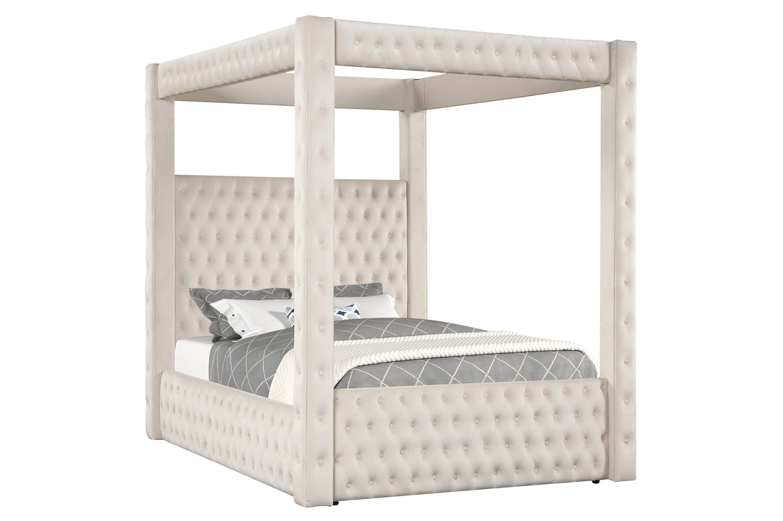 Annabelle Ivory Velvet King Canopy Bed - SET | 5114IV-K-HBFB | 5114IV-KQ-RAIL | 5114IV-KQ-POST - Bien Home Furniture &amp; Electronics