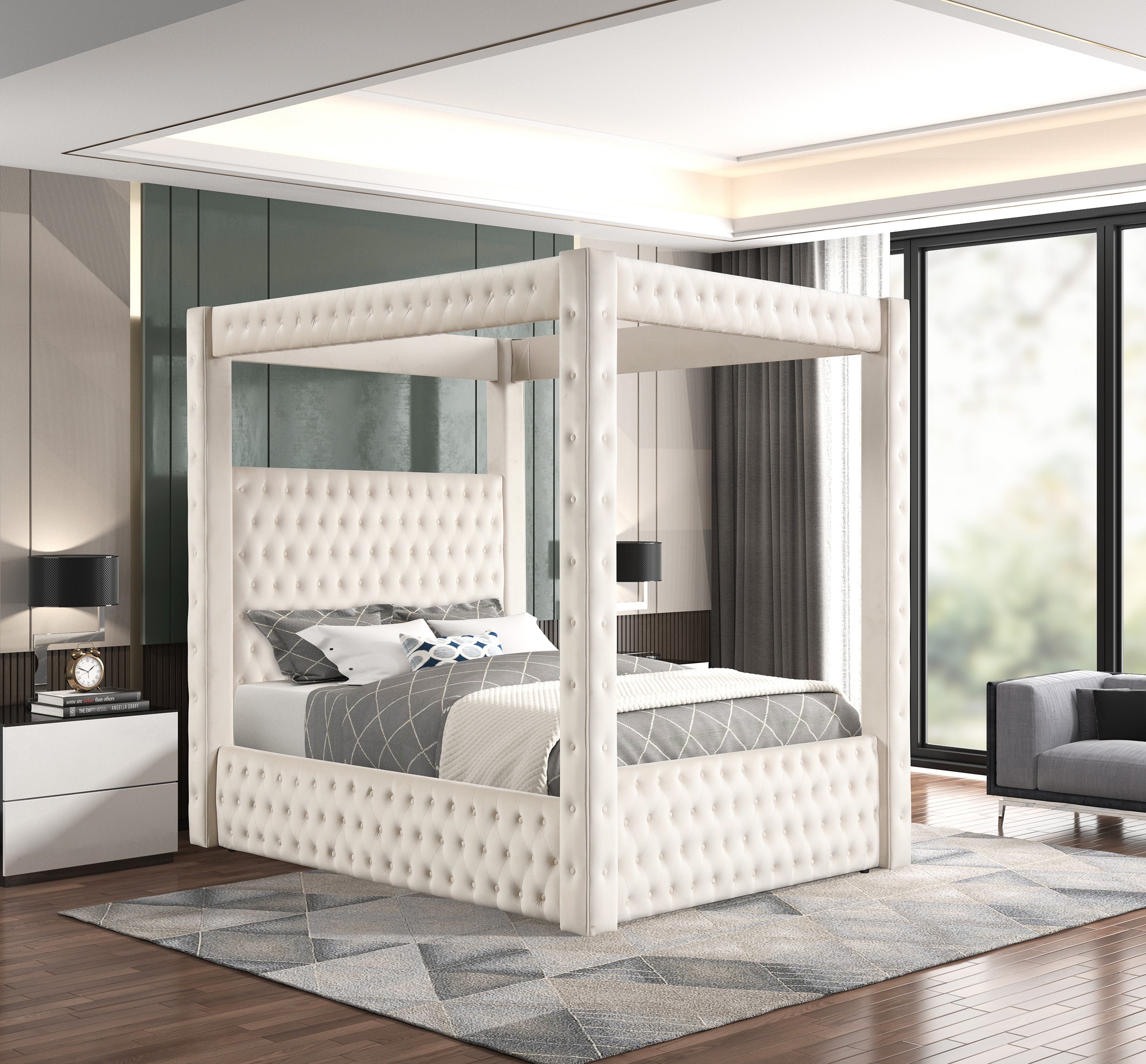 Annabelle Ivory Velvet King Canopy Bed - SET | 5114IV-K-HBFB | 5114IV-KQ-RAIL | 5114IV-KQ-POST - Bien Home Furniture & Electronics