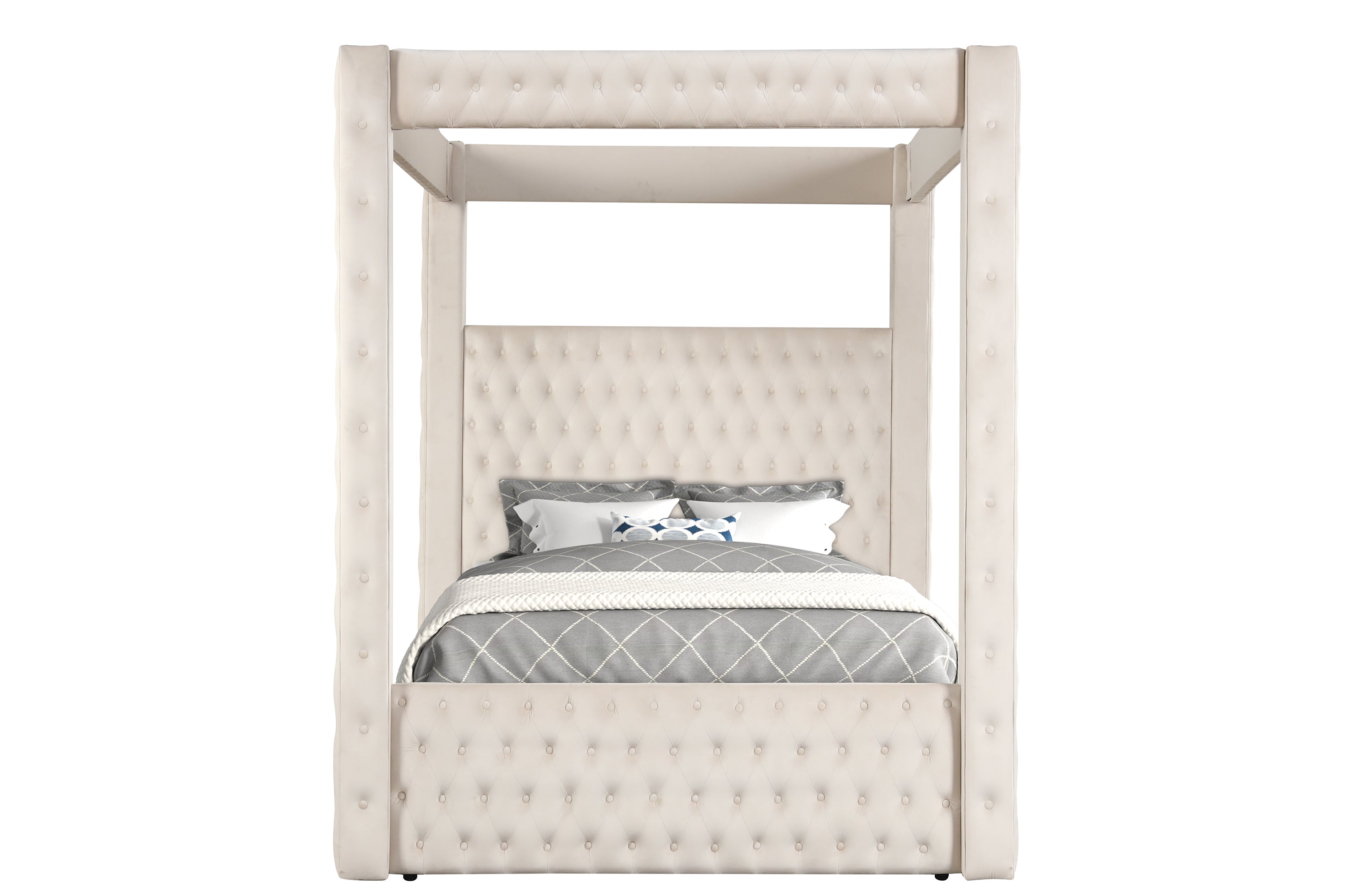 Annabelle Ivory Velvet King Canopy Bed - SET | 5114IV-K-HBFB | 5114IV-KQ-RAIL | 5114IV-KQ-POST - Bien Home Furniture &amp; Electronics