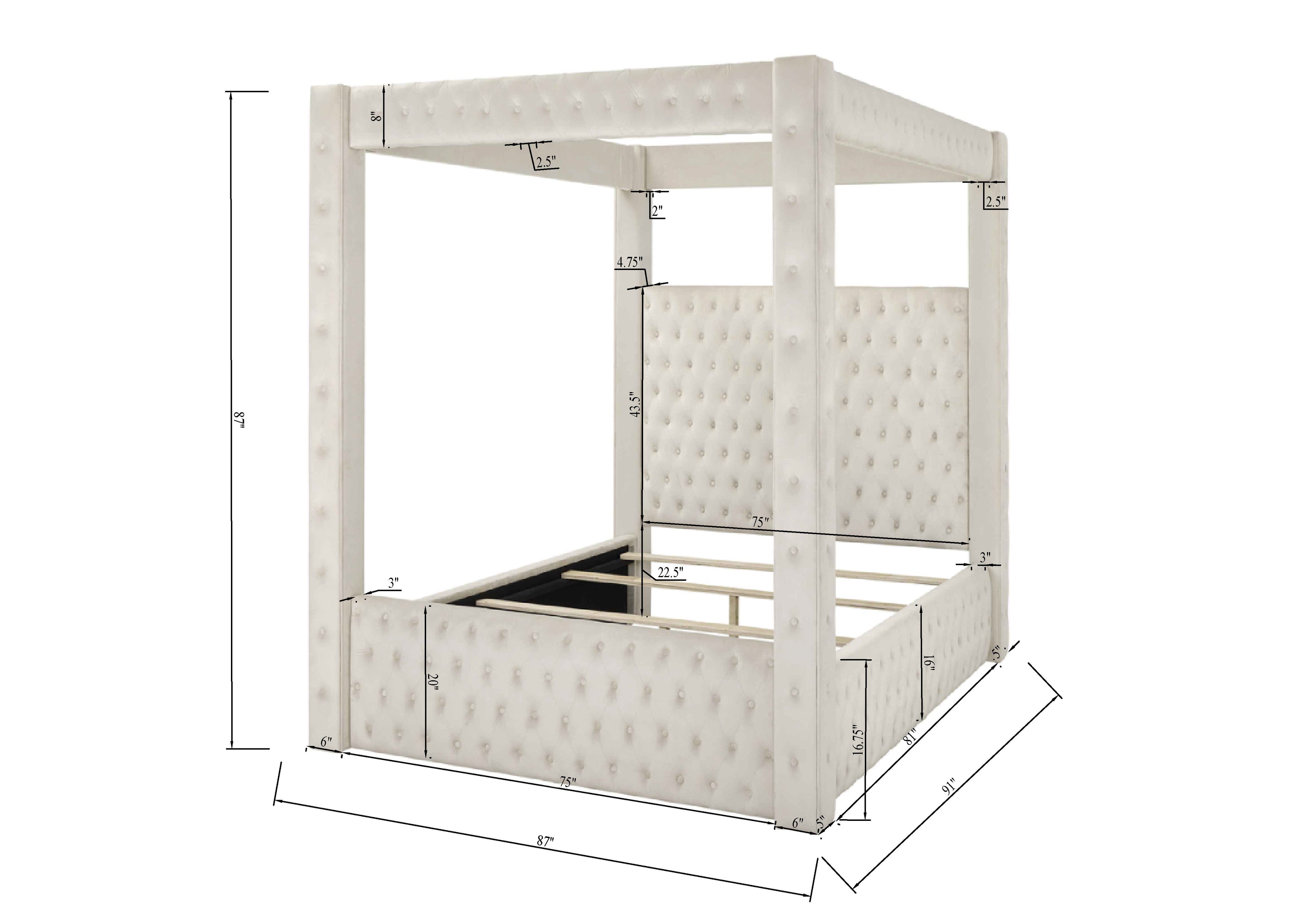 Annabelle Ivory Velvet King Canopy Bed - SET | 5114IV-K-HBFB | 5114IV-KQ-RAIL | 5114IV-KQ-POST - Bien Home Furniture &amp; Electronics