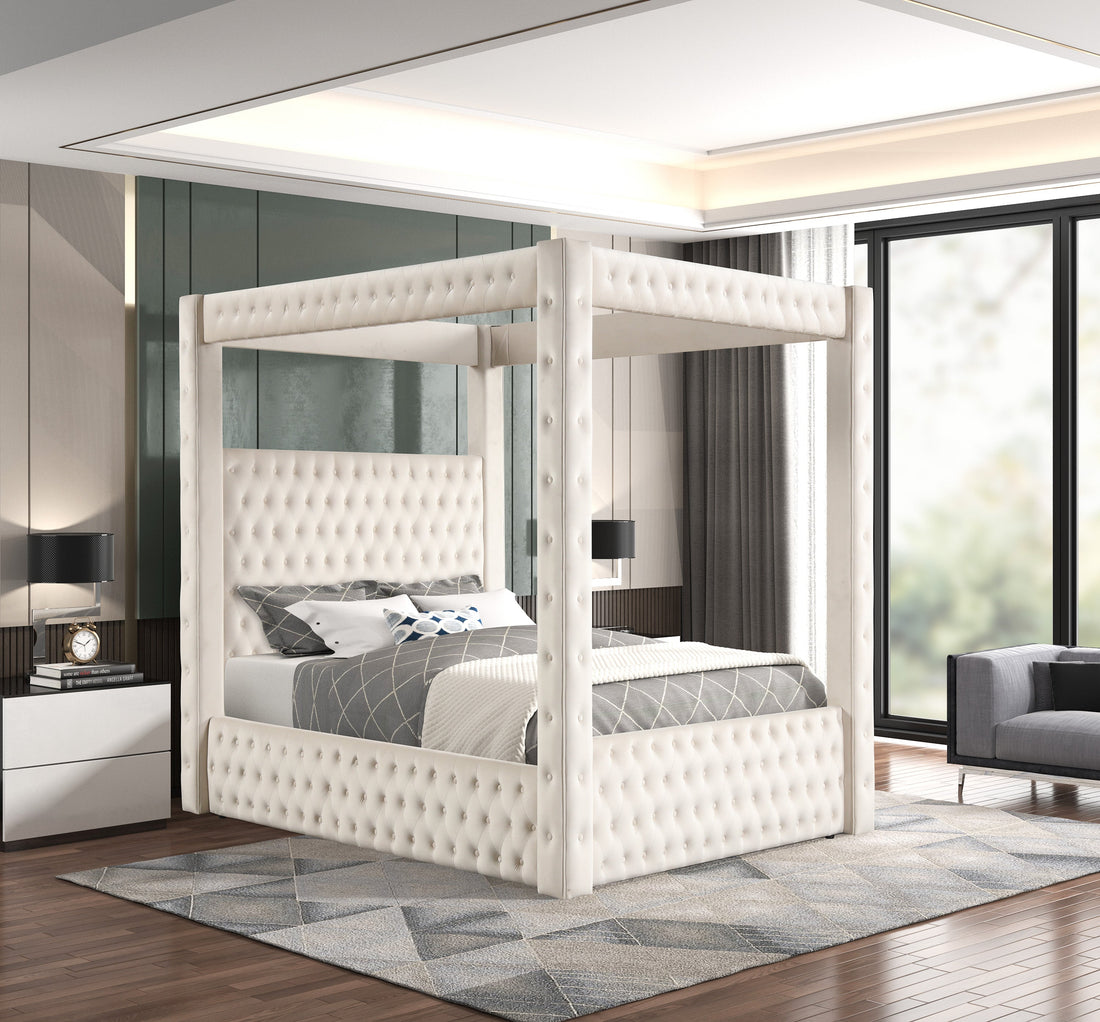 Annabelle Ivory Velvet Queen Canopy Bed - SET | 5114IV-Q-HBFB | 5114IV-KQ-RAIL | 5114IV-KQ-POST - Bien Home Furniture &amp; Electronics