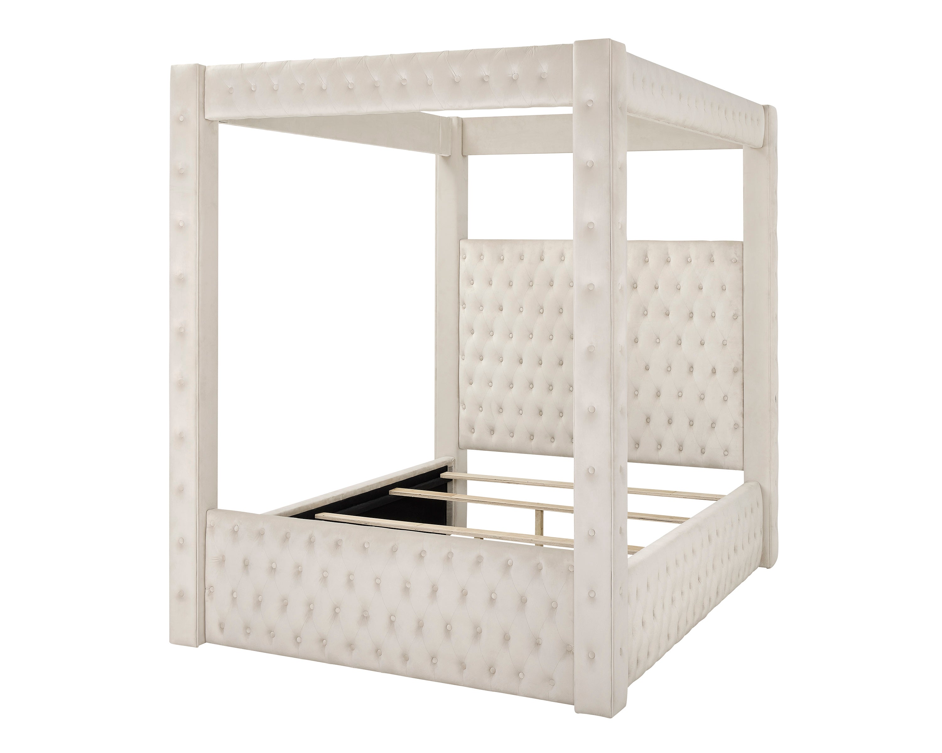 Annabelle Ivory Velvet Queen Canopy Bed - SET | 5114IV-Q-HBFB | 5114IV-KQ-RAIL | 5114IV-KQ-POST - Bien Home Furniture & Electronics