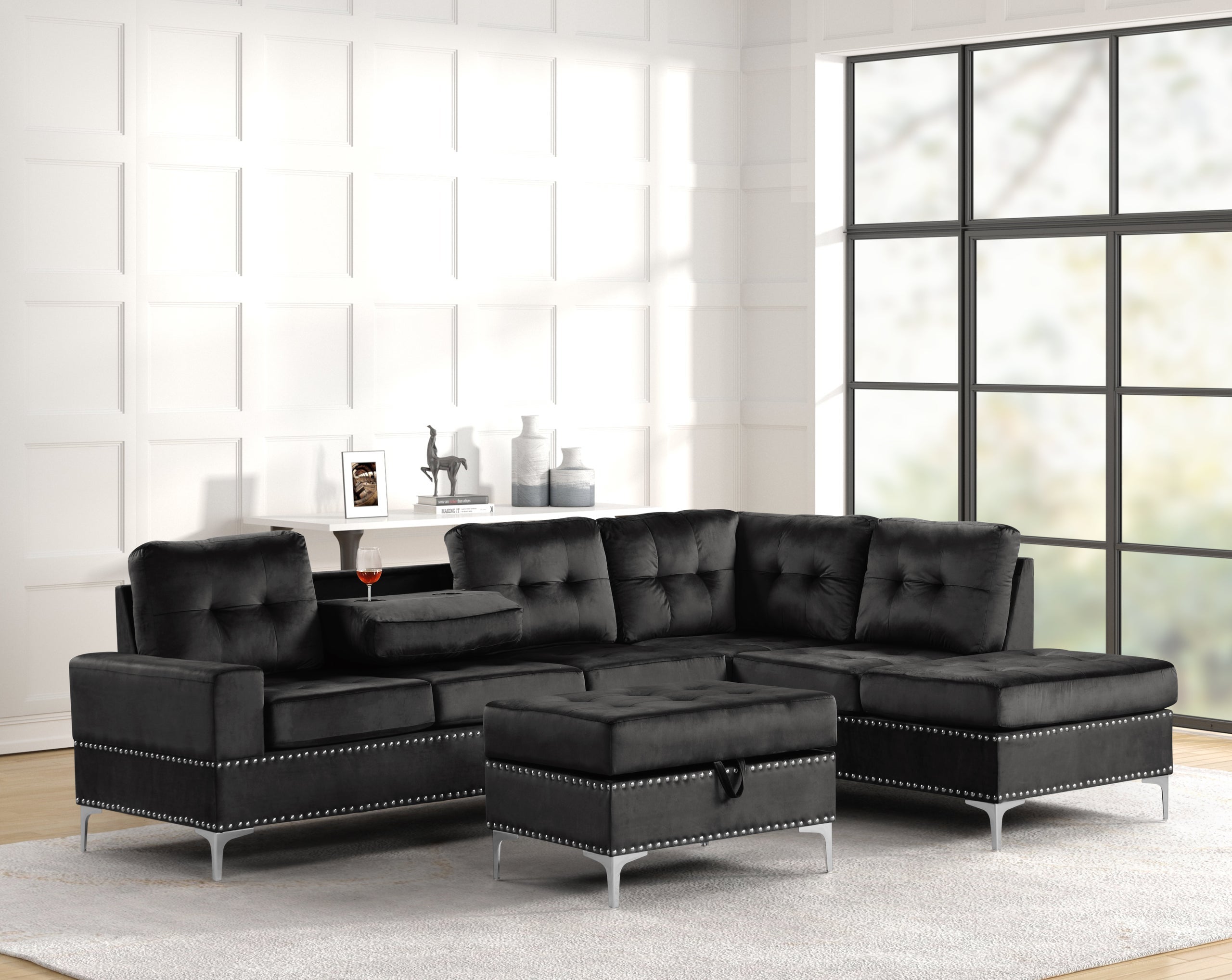 Anserra Black Reversible Sectional + Ottoman Set - ANSERRA BLACK
