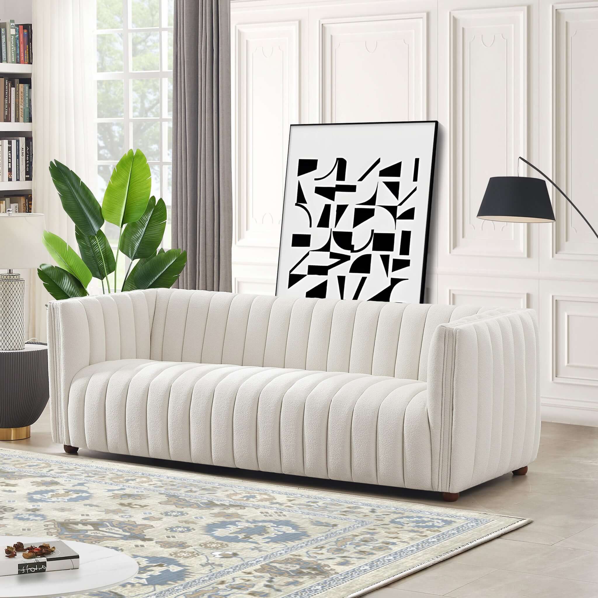 April Mid Century Modern Luxury Tight Back Beige Boucle Couch - SOF00303611