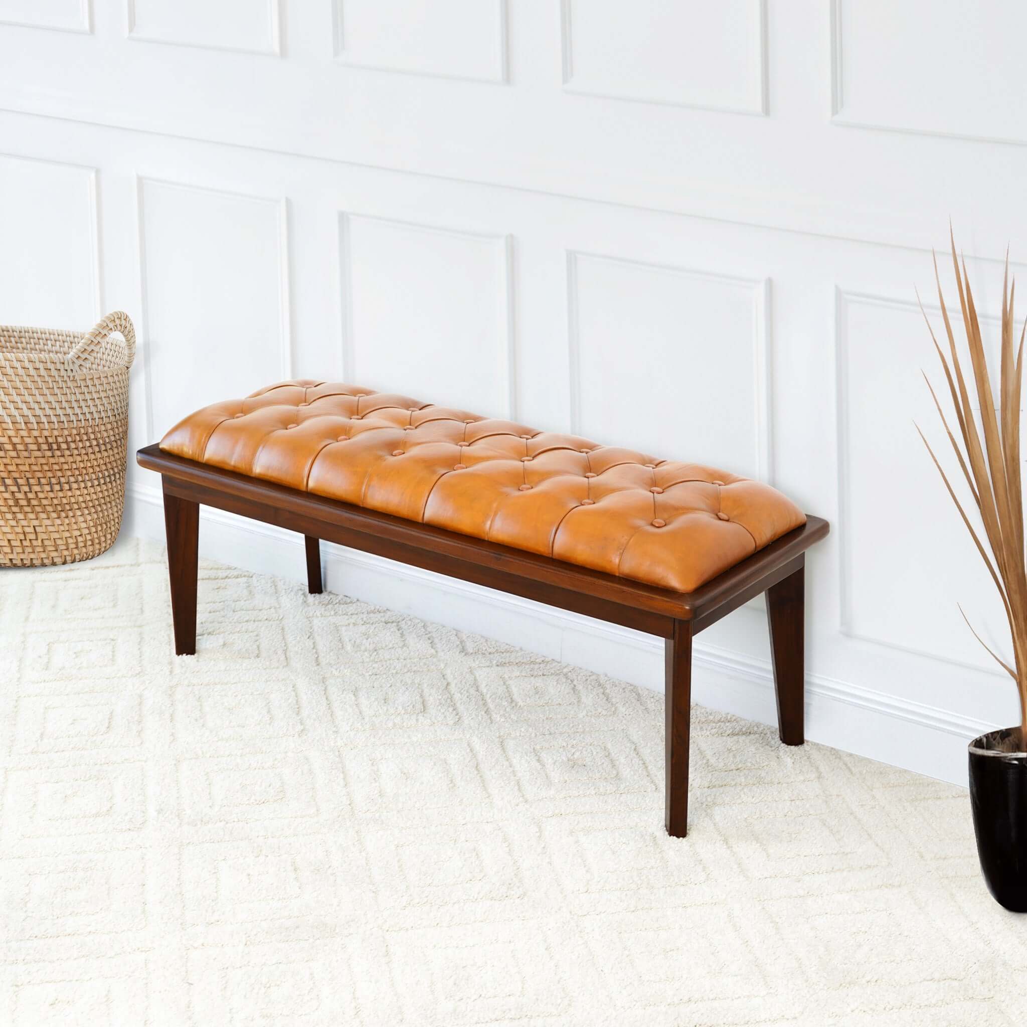 Arden Tan Leather Bench With Buttons - BEN01300201