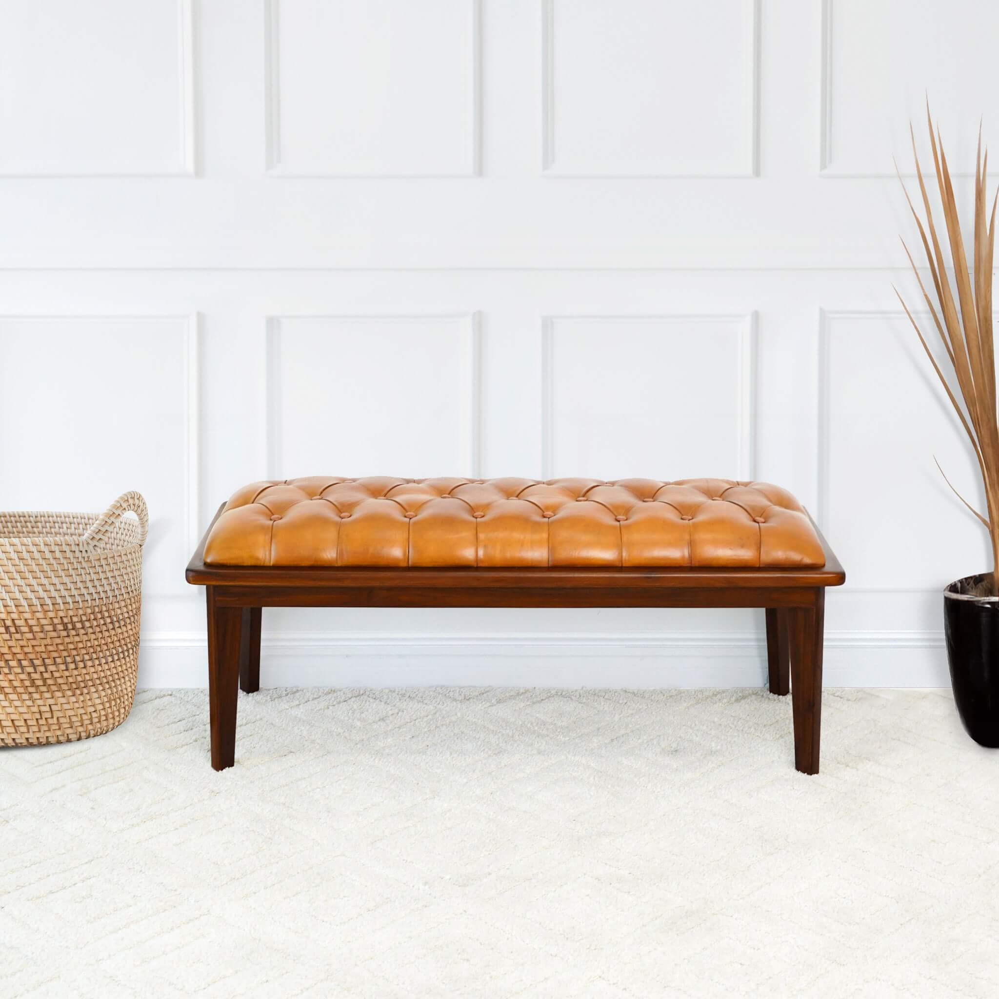 Arden Tan Leather Bench With Buttons - BEN01300201