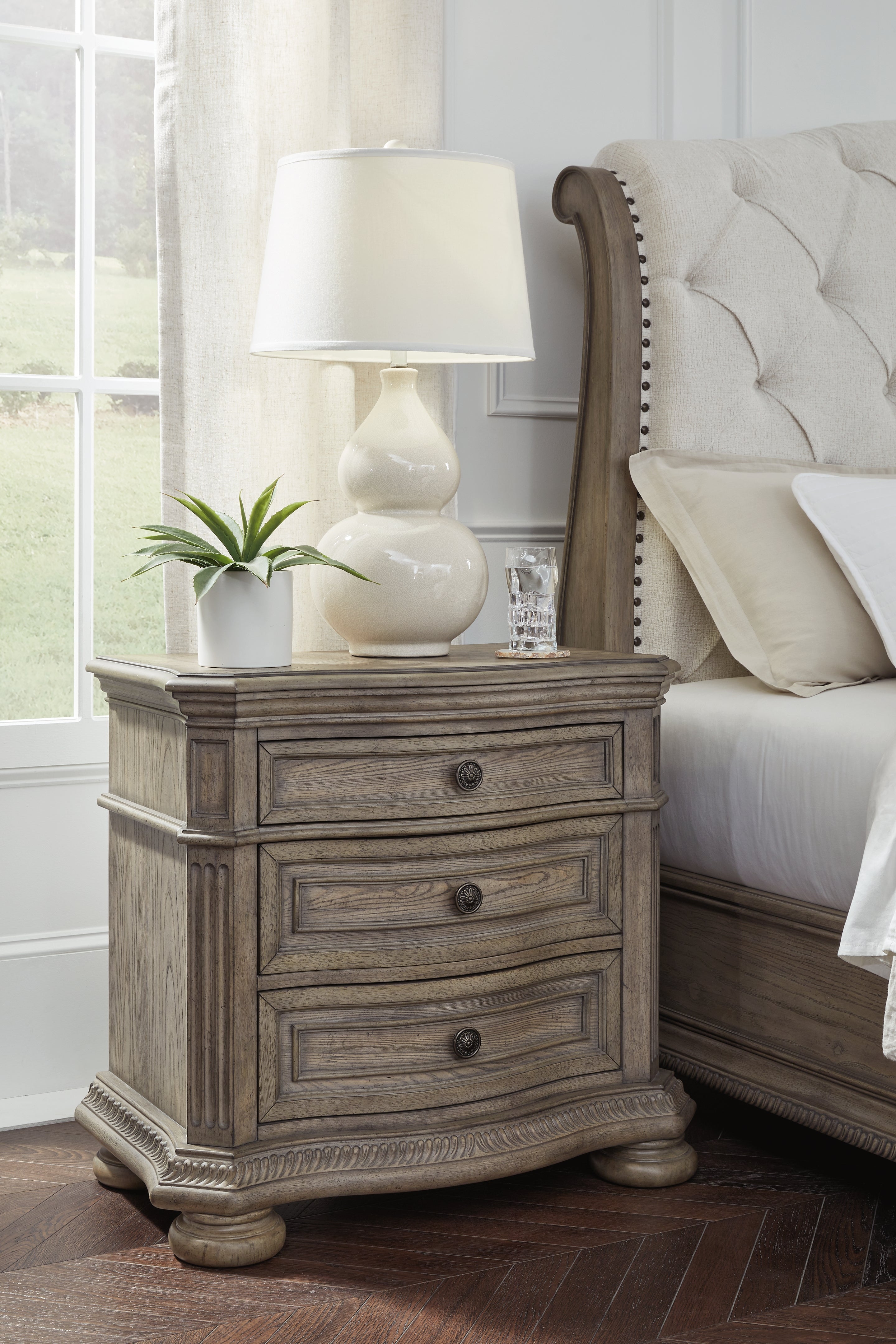 Ardenfield King Upholstered Sleigh Bed with Mirrored Dresser and Nightstand in Light Brown from Ashley - Luna Furniture