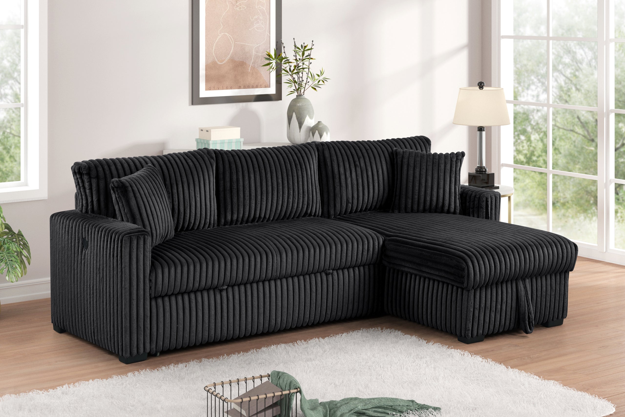 Aria Black Sectional With Pull-Out Bed & Storage Chaise - ARIA BLACK