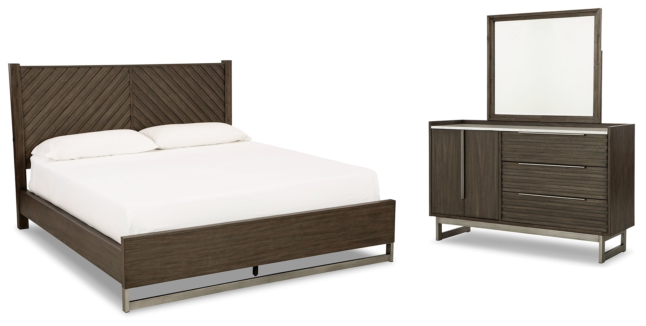 Arkenton King Panel Bed with Mirrored Dresser in Grayish Brown from Ashley - Luna Furniture